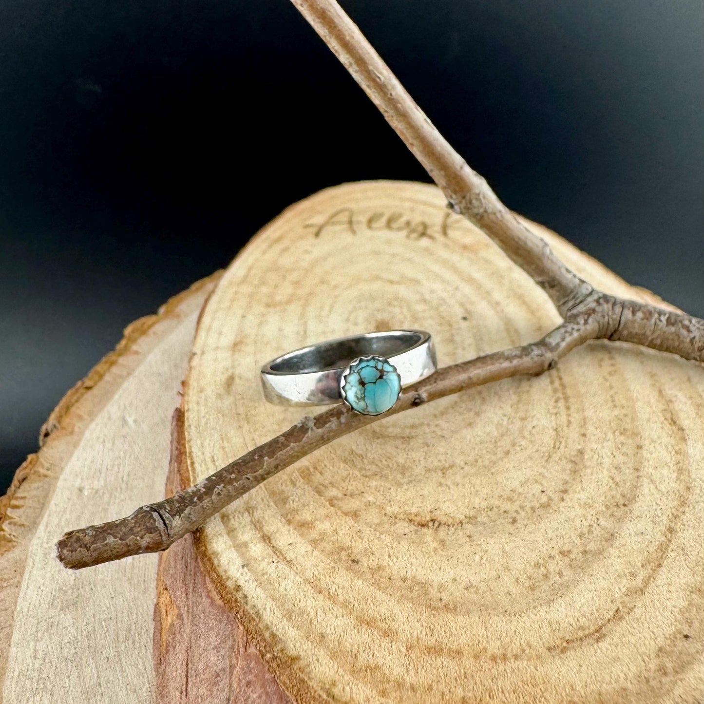 Sterling Silver Royston Turquoise Band Ring - Hammered or Smooth Finish