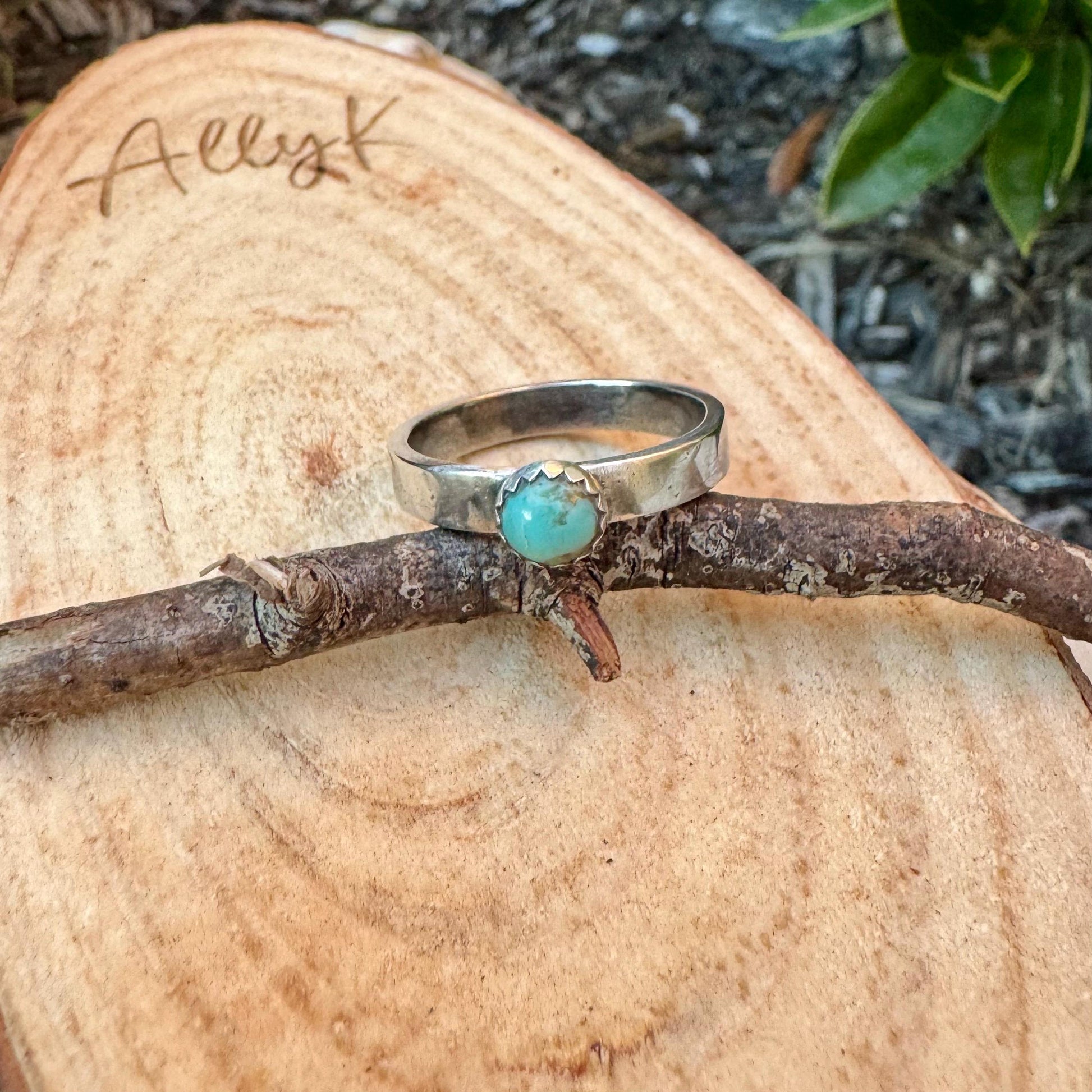 Sterling Silver Kingman Turquoise Band Ring - Hammered or Smooth Finish