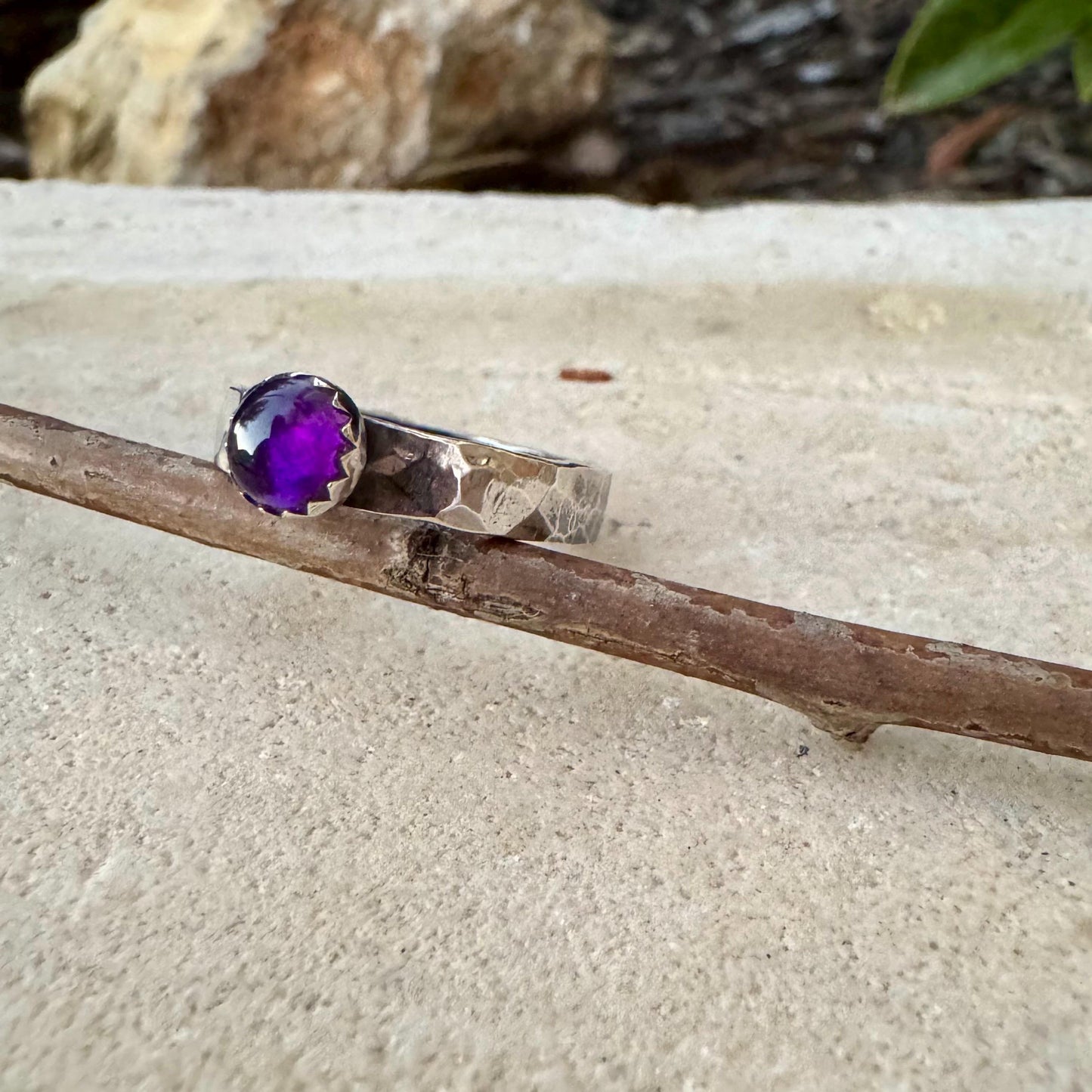 Sterling Silver Amethyst Gemstone Band Ring - Hammered or Smooth Finish