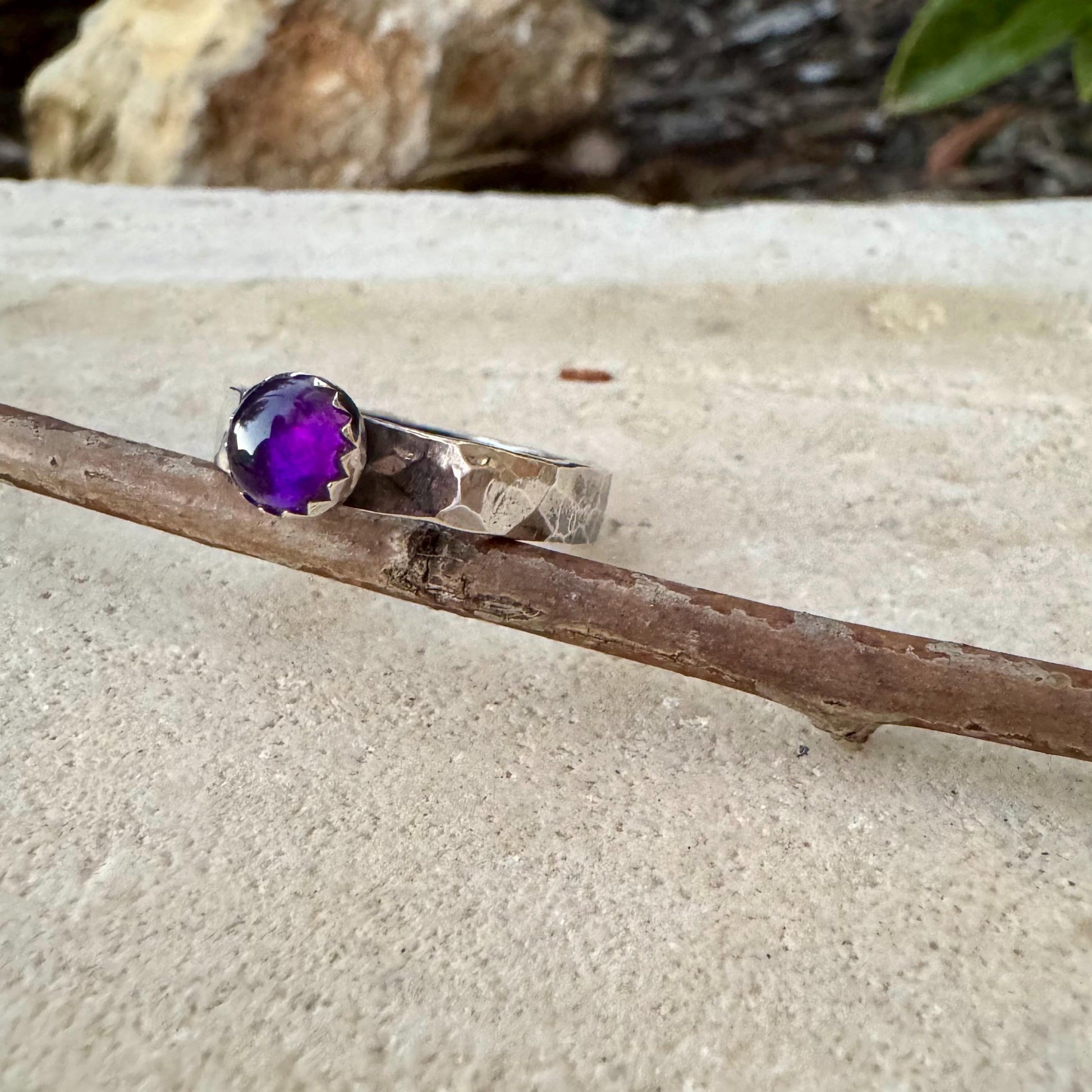 Sterling Silver Amethyst Gemstone Band Ring - Hammered or Smooth Finish