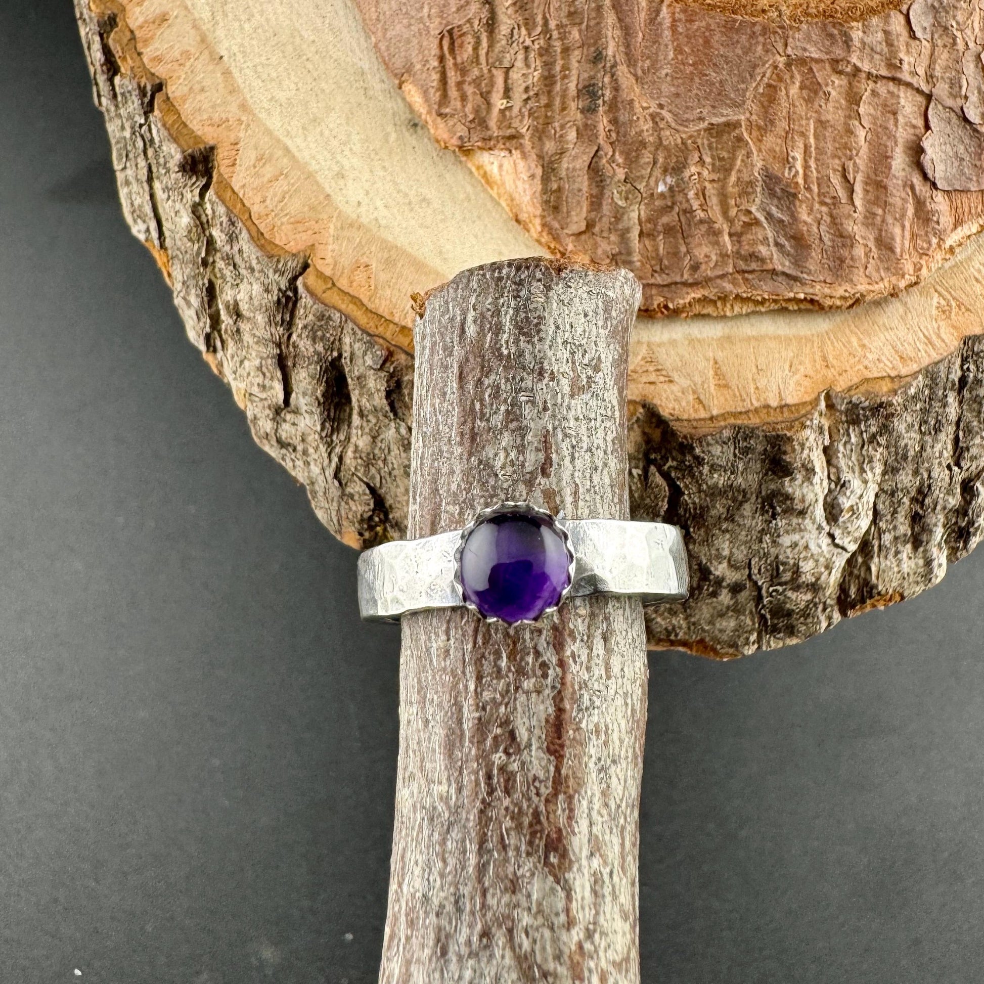 Sterling Silver Amethyst Gemstone Band Ring - Hammered or Smooth Finish