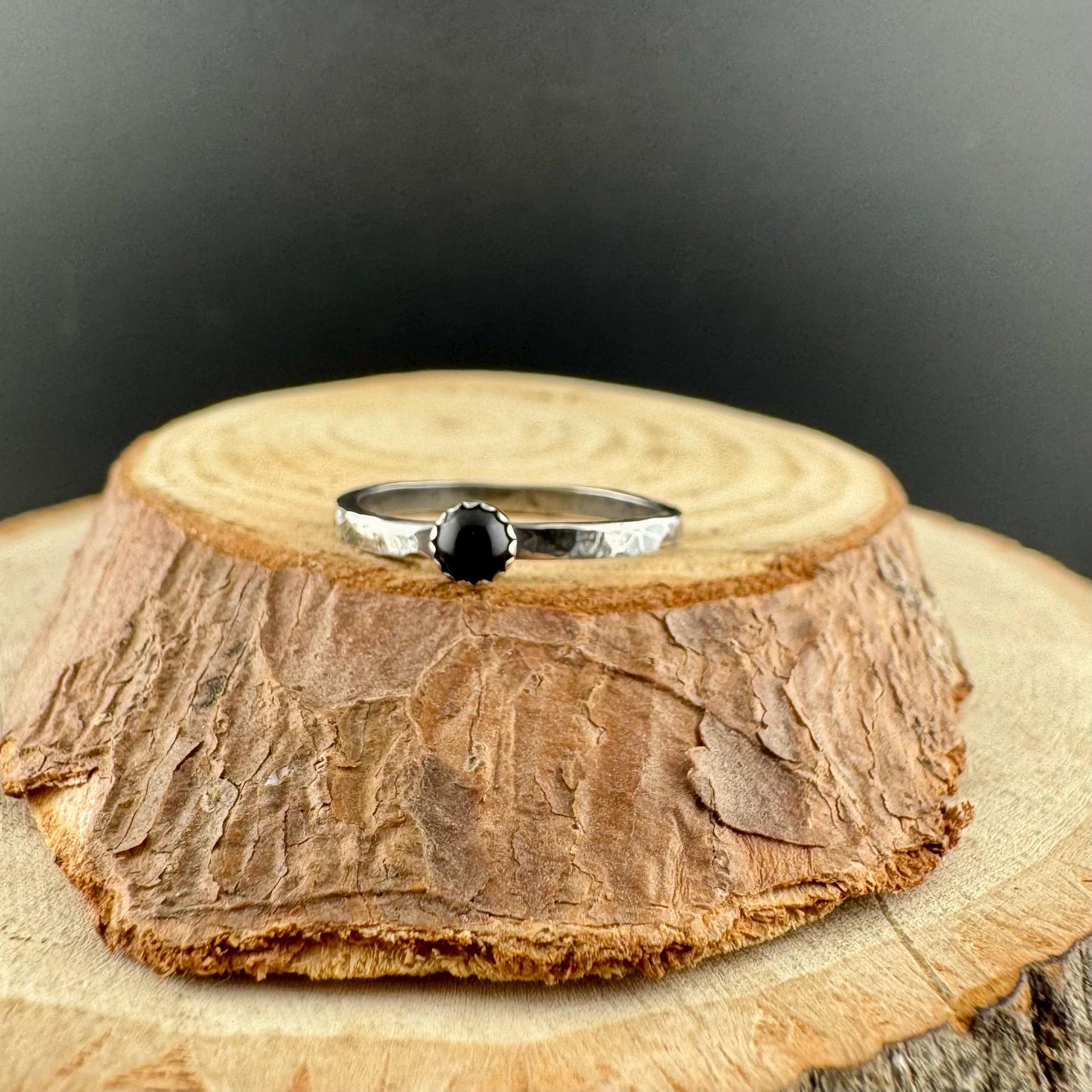 Sterling Silver Onyx Bezel Dainty Band Ring - Hammered or Smooth Finish