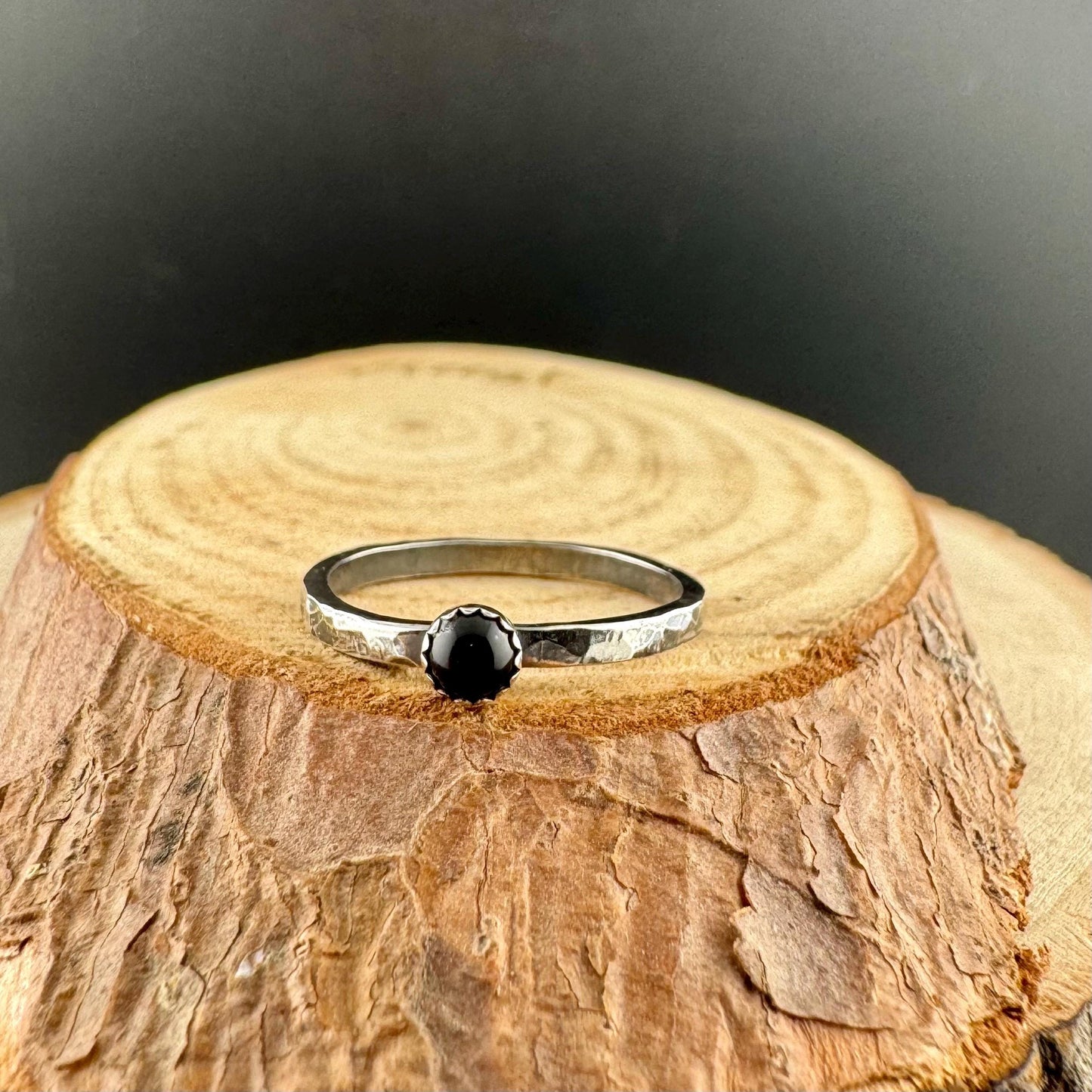 Sterling Silver Onyx Bezel Dainty Band Ring - Hammered or Smooth Finish