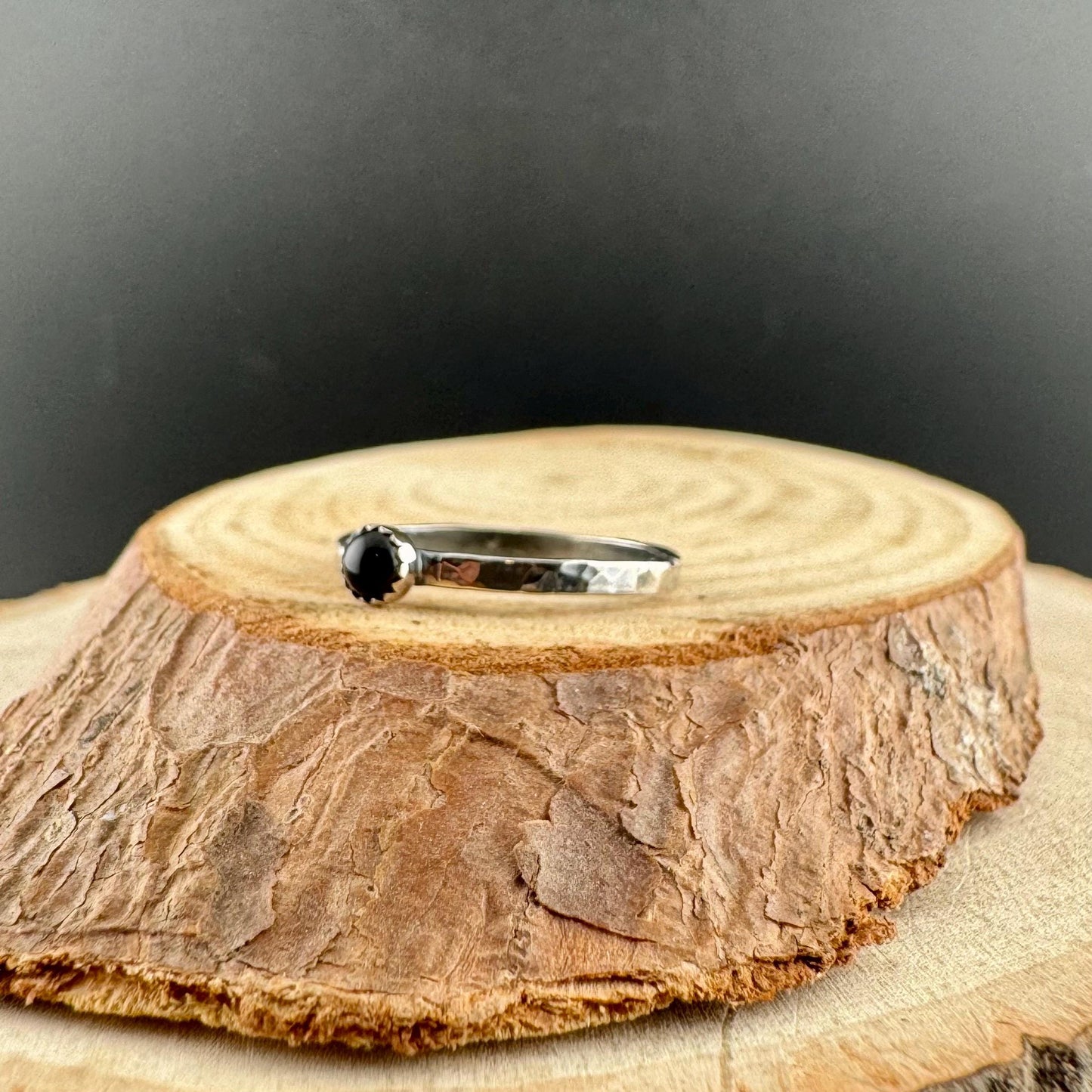 Sterling Silver Onyx Bezel Dainty Band Ring - Hammered or Smooth Finish