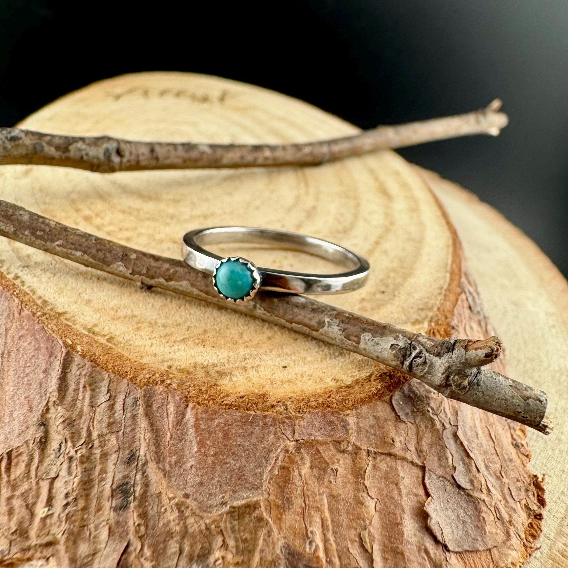 Sterling Silver Kingman Turquoise Dainty Band Ring - Hammered or Smooth Finish