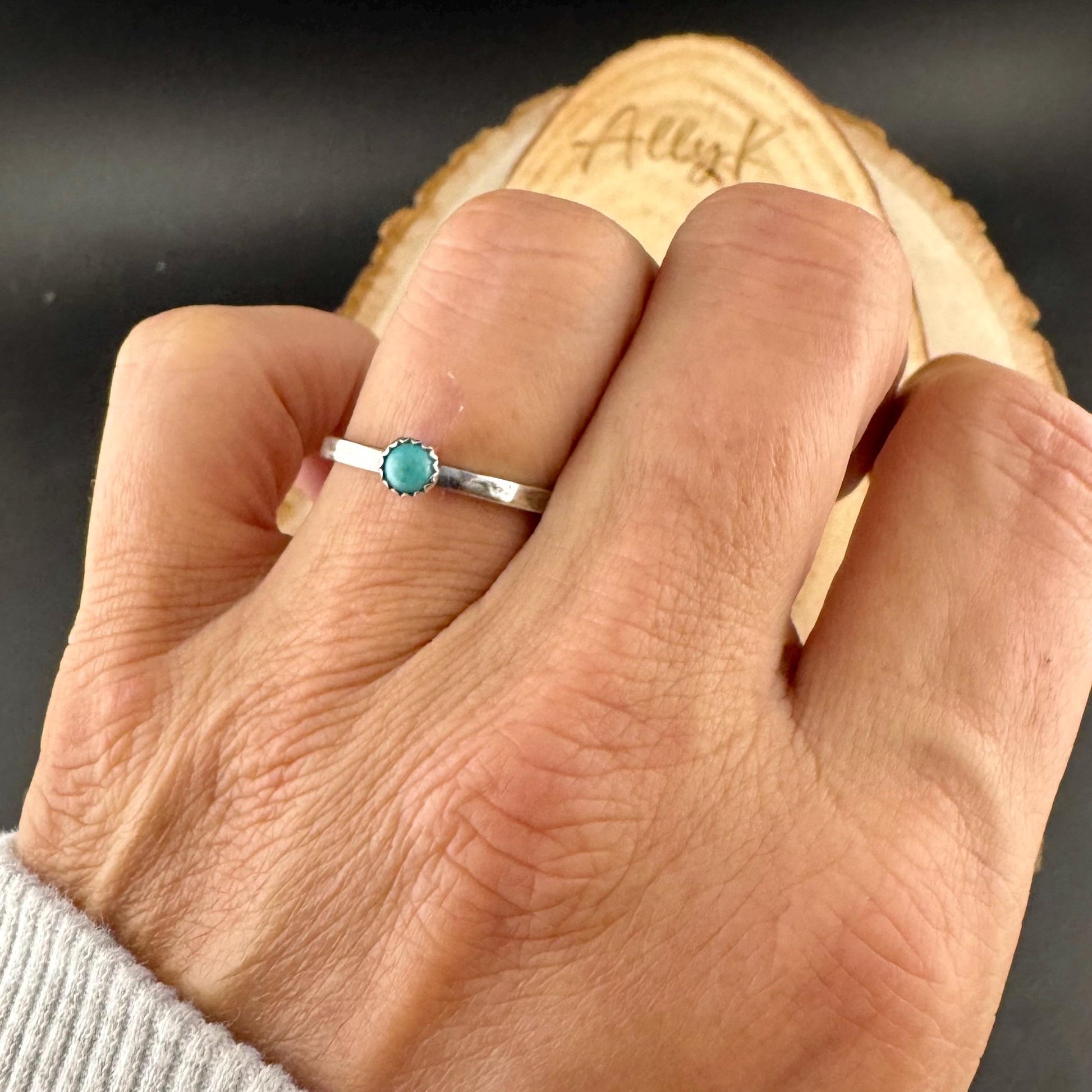 Sterling Silver Kingman Turquoise Dainty Band Ring - Hammered or Smooth Finish