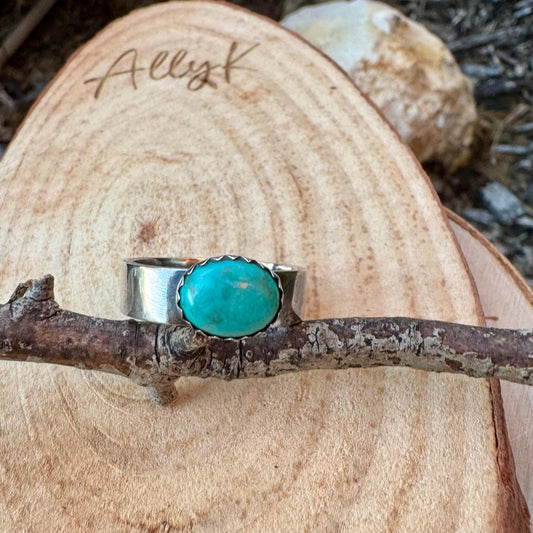 Sterling Silver Kingman Turquoise Bezel Band Ring - Hammered or Smooth Finish