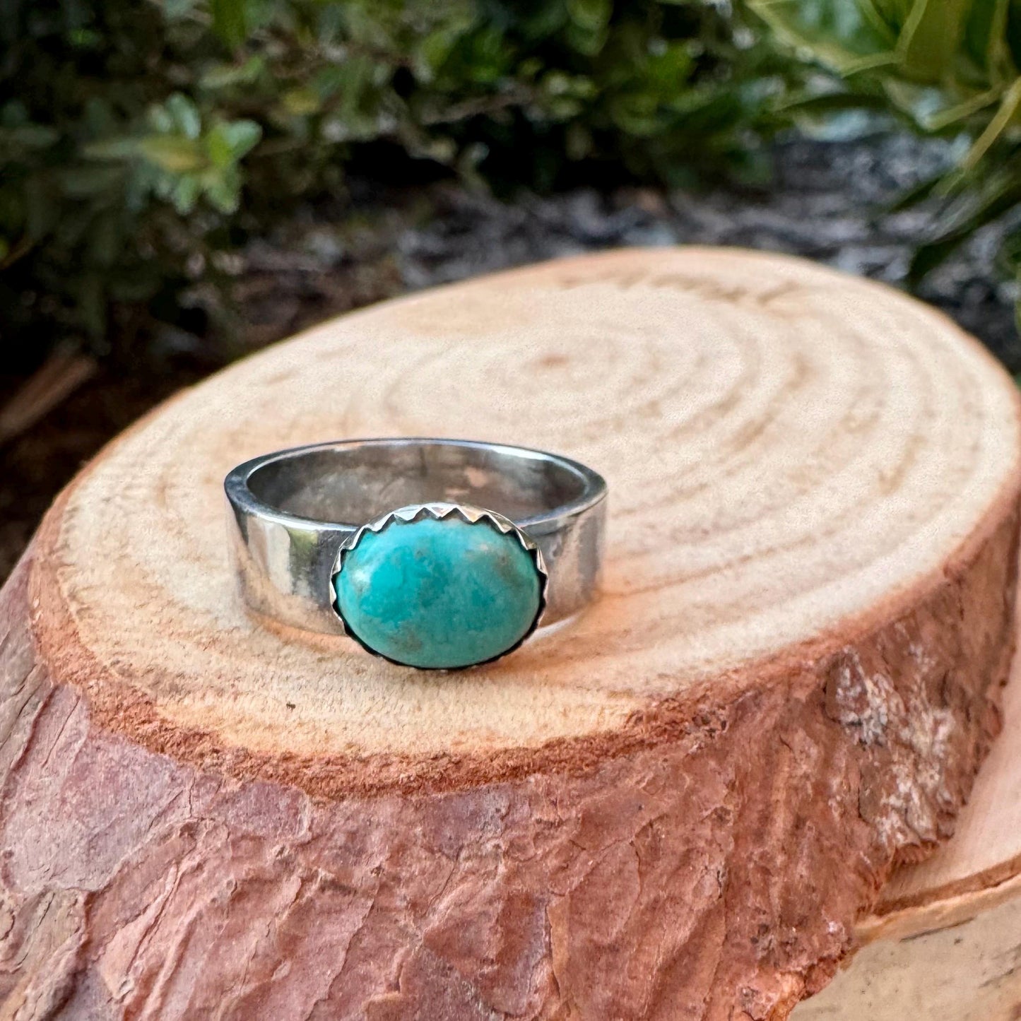 Sterling Silver Kingman Turquoise Bezel Band Ring - Hammered or Smooth Finish