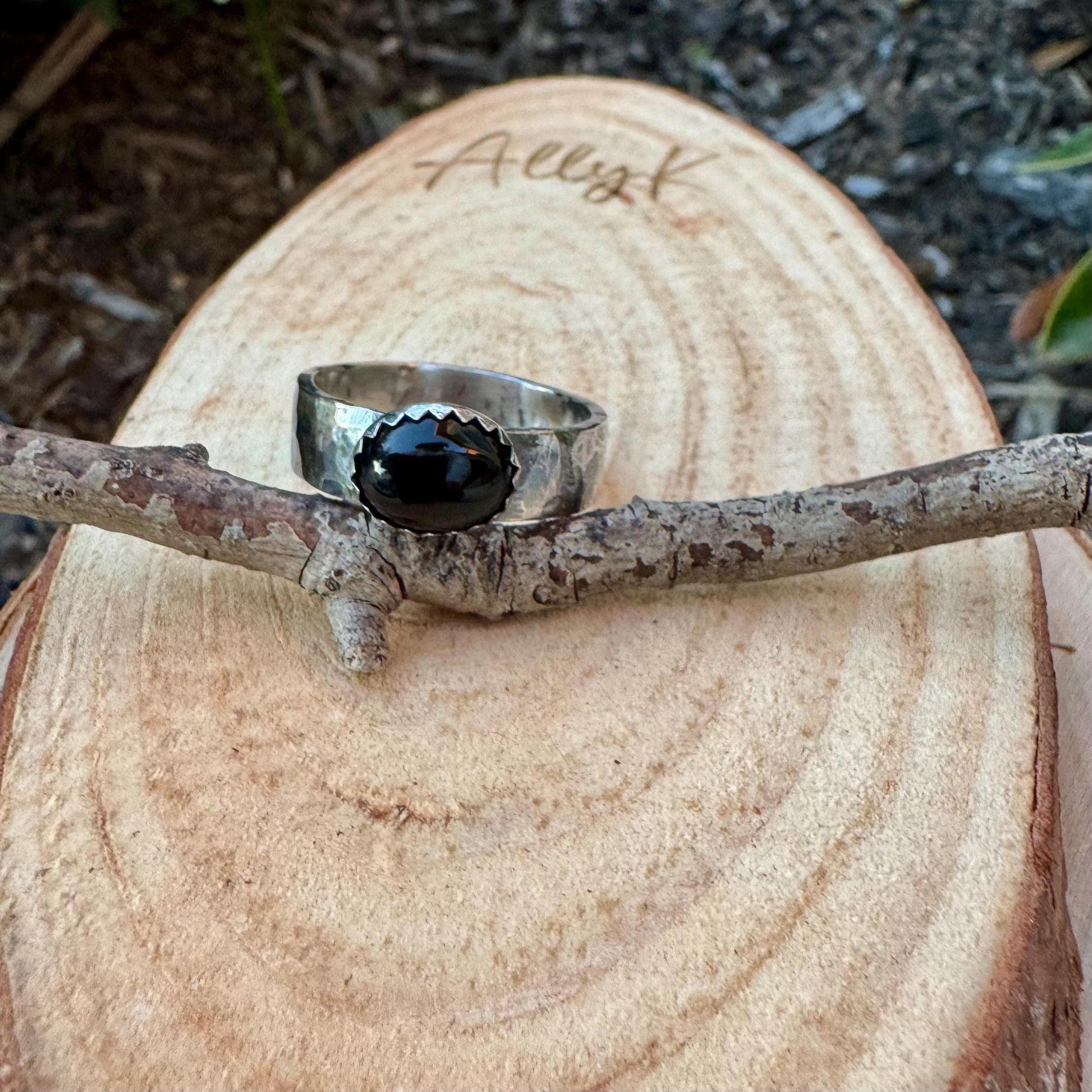 Sterling Silver Onyx Bezel Band Ring - Hammered or Smooth Finish