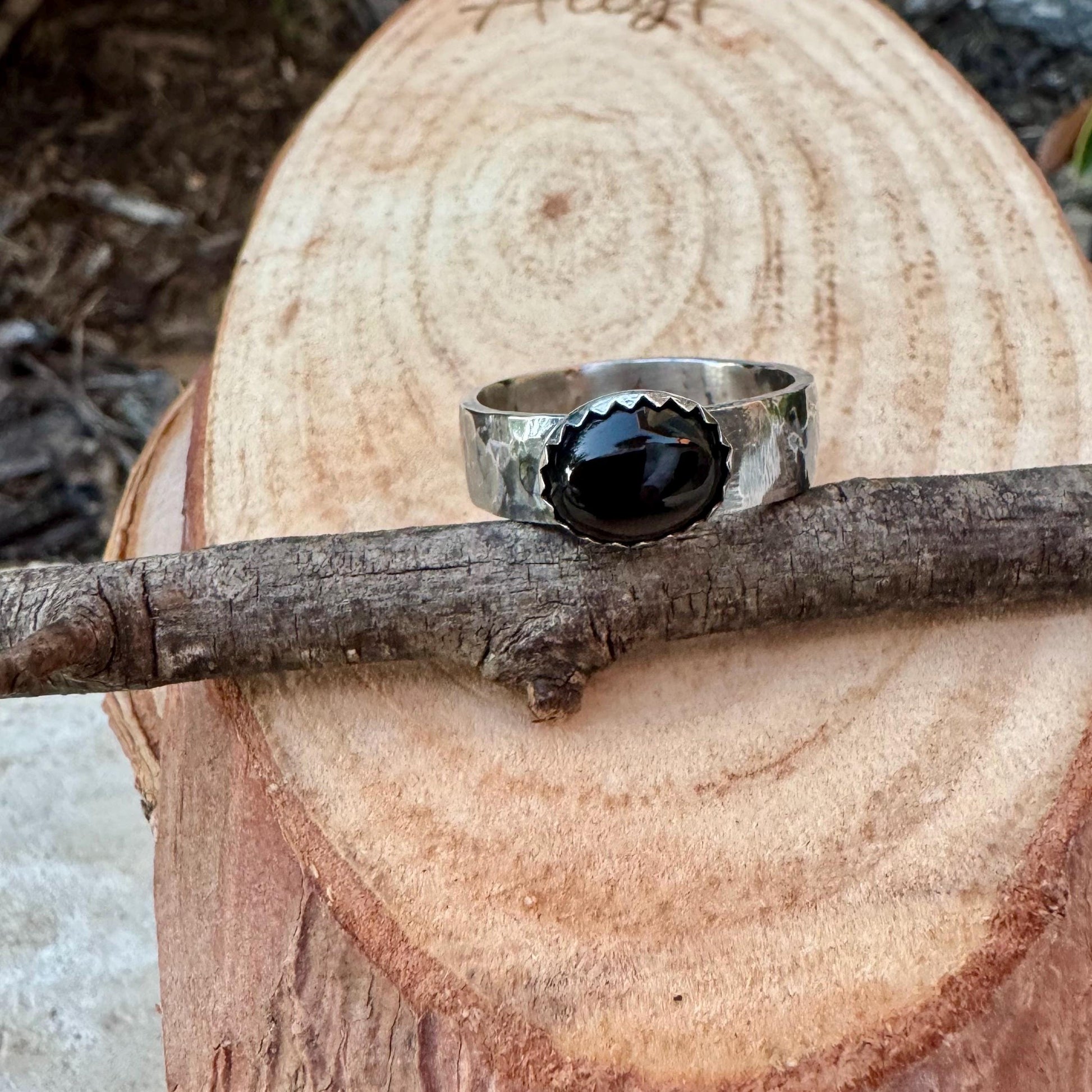 Sterling Silver Onyx Bezel Band Ring - Hammered or Smooth Finish