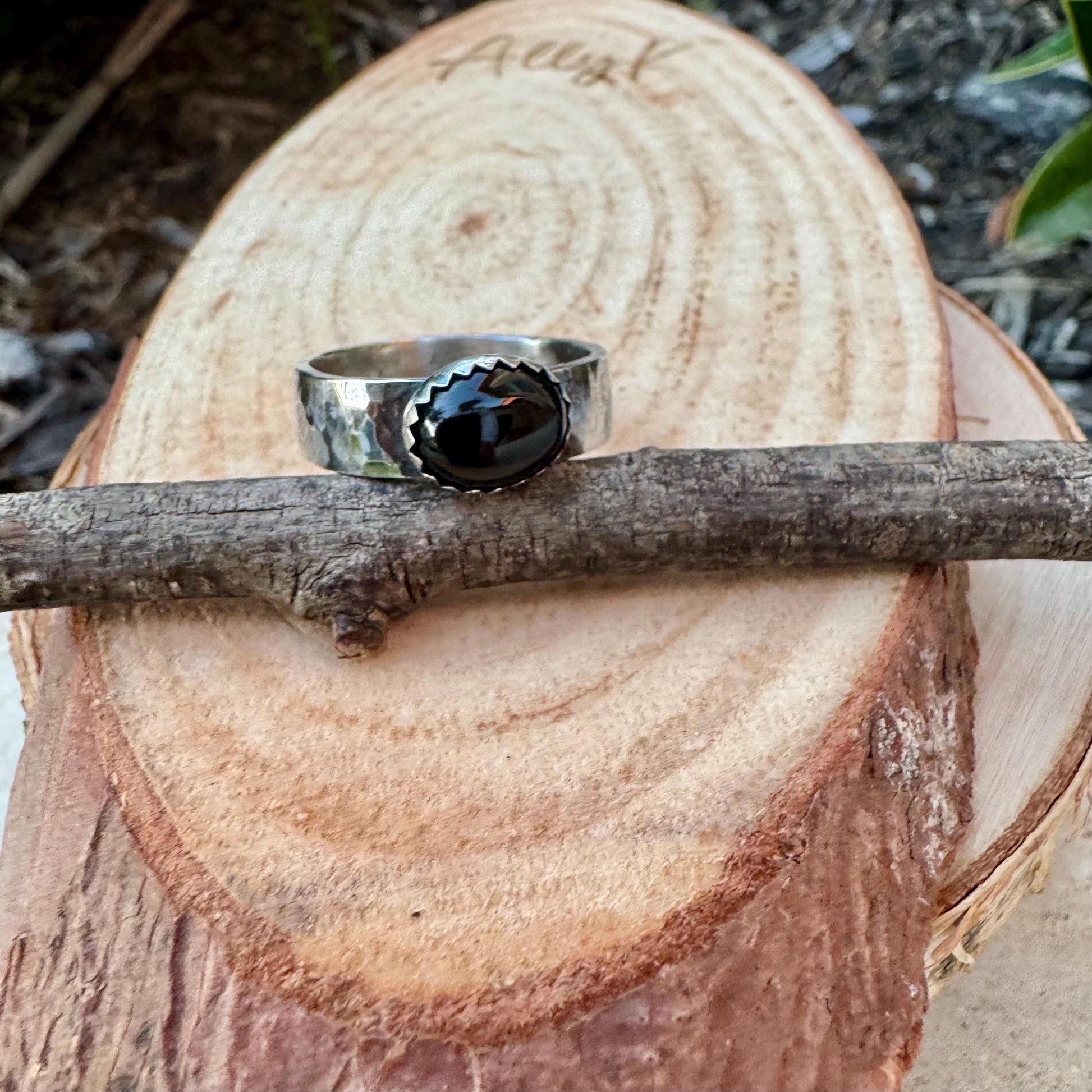 Sterling Silver Onyx Bezel Band Ring - Hammered or Smooth Finish