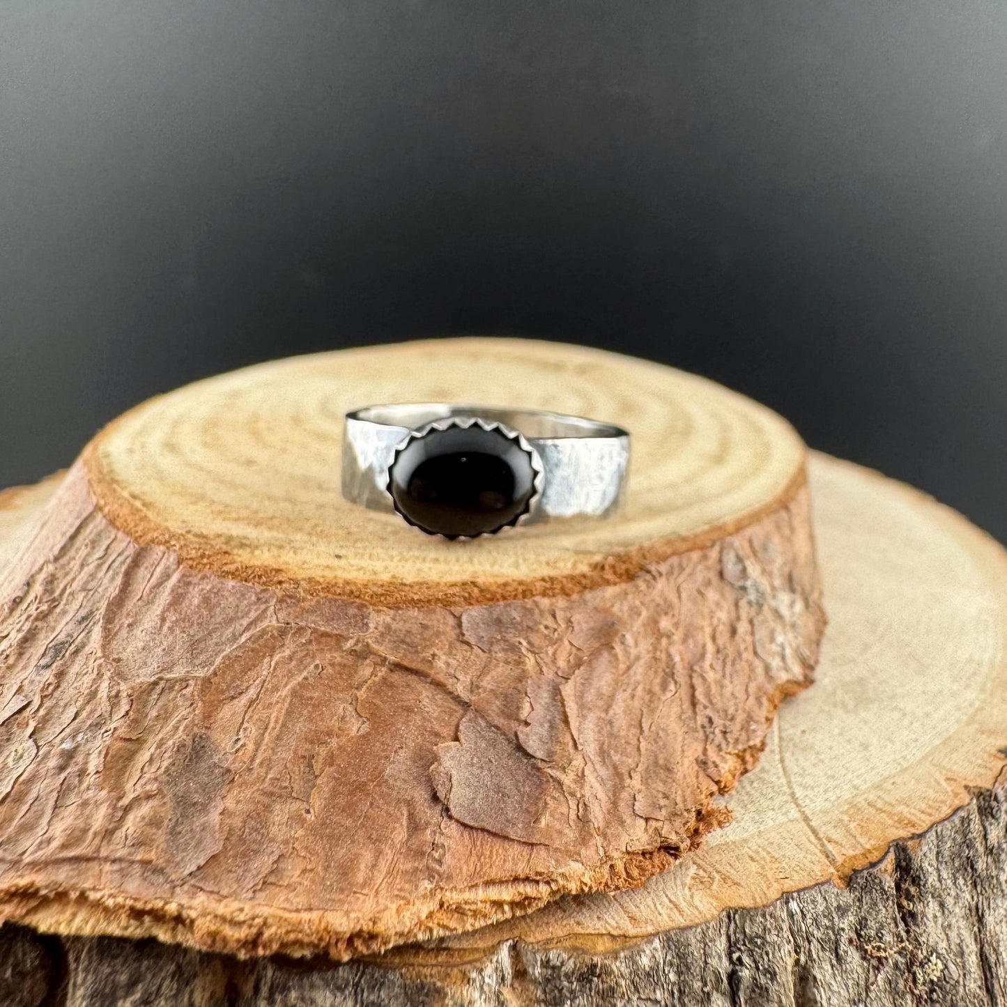 Sterling Silver Onyx Bezel Band Ring - Hammered or Smooth Finish