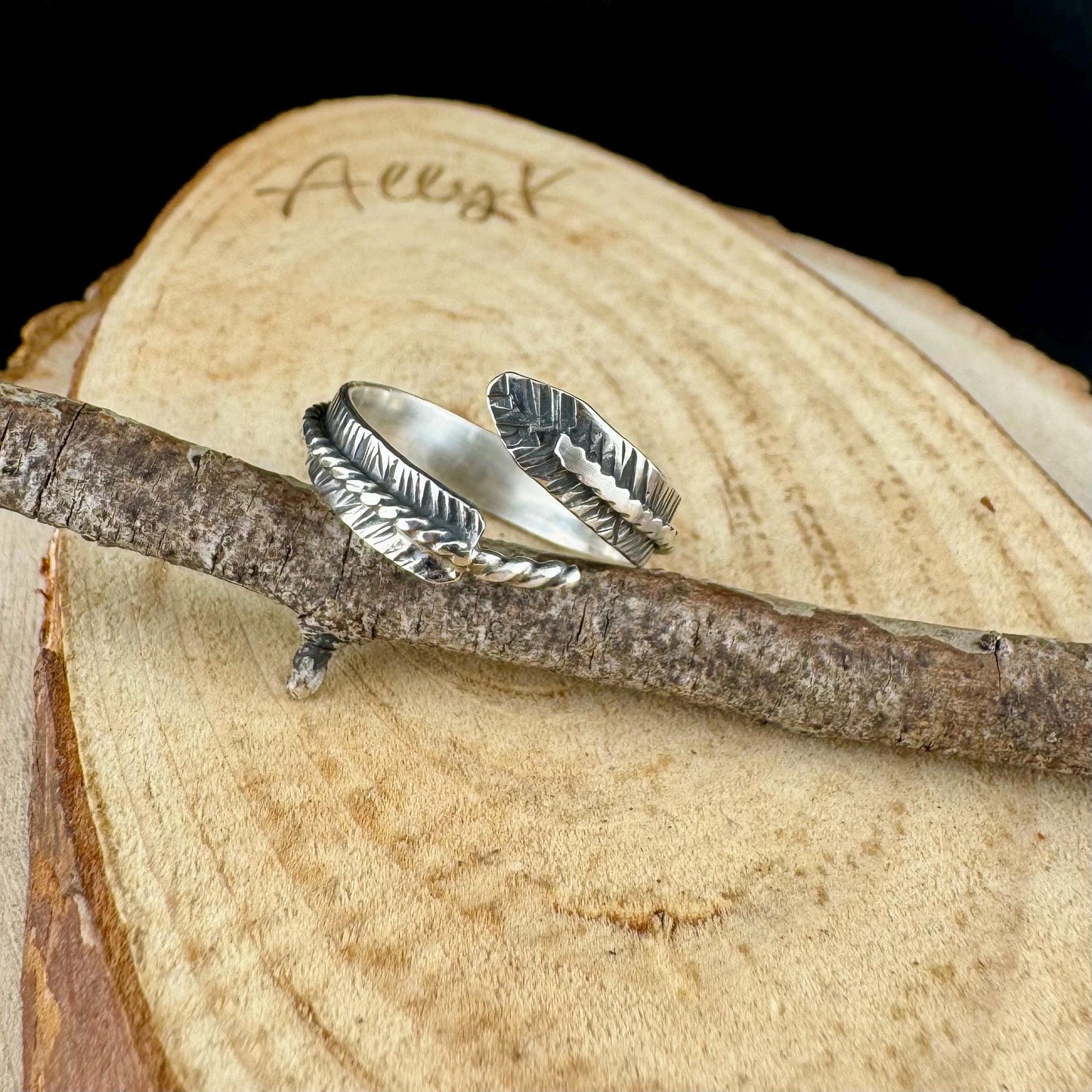 Sterling Silver Feather Wrap Ring - Hand Forged Adjustable Guardian Angel Jewelry