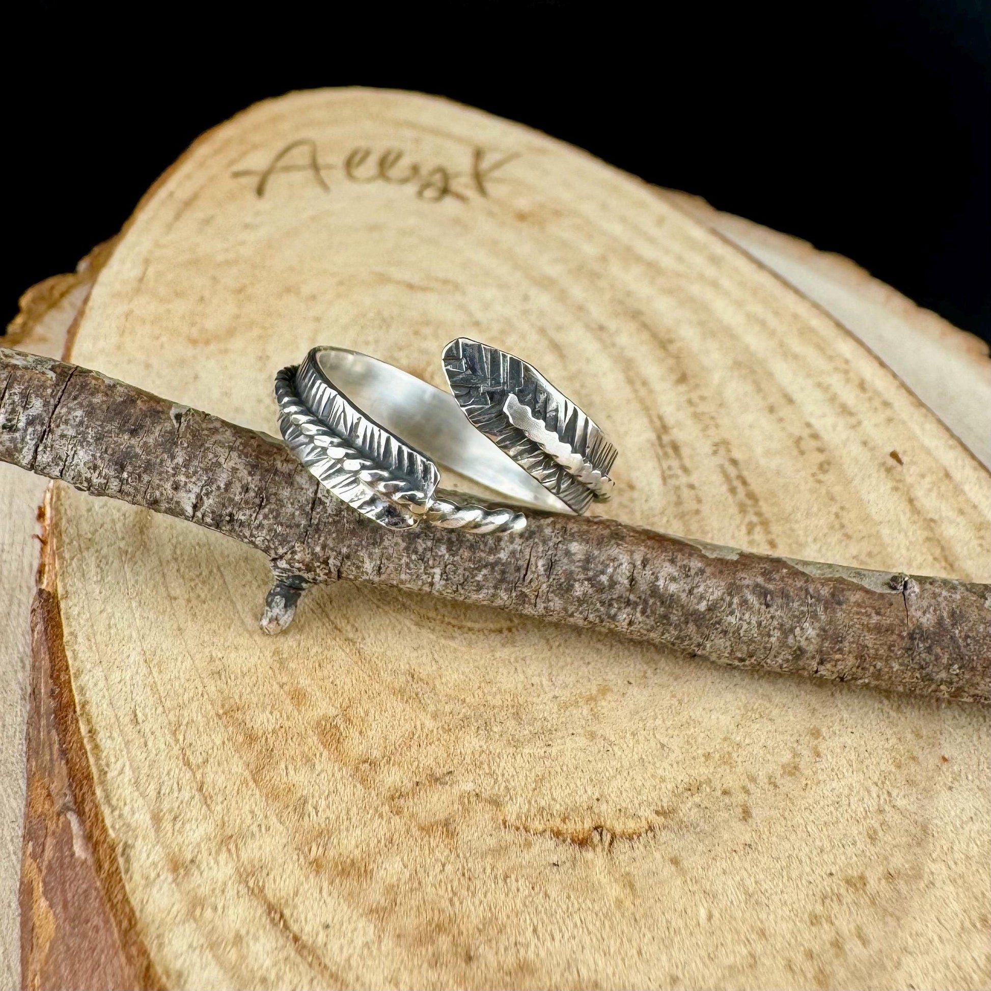 Sterling Silver Feather Wrap Ring - Hand Forged Adjustable Guardian Angel Jewelry