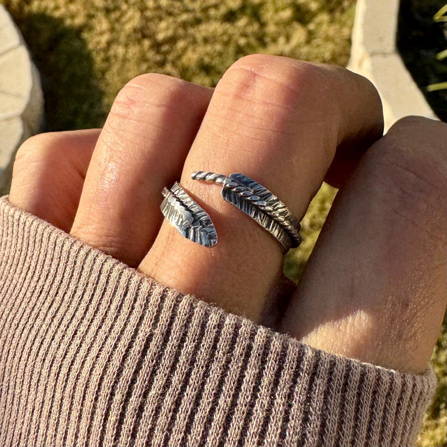 Sterling Silver Feather Wrap Ring - Hand Forged Adjustable Guardian Angel Jewelry