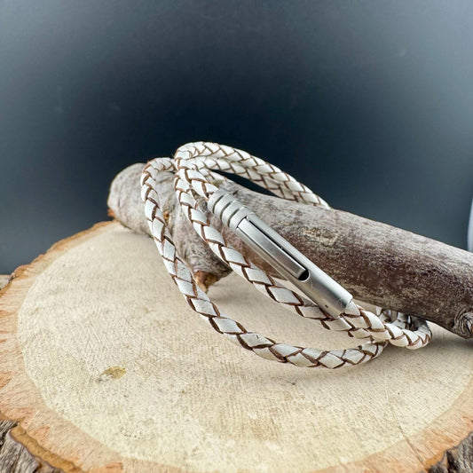 Genuine White Leather Braided Multi Wrap Bracelet - Unisex Gift with Bayonet Closure