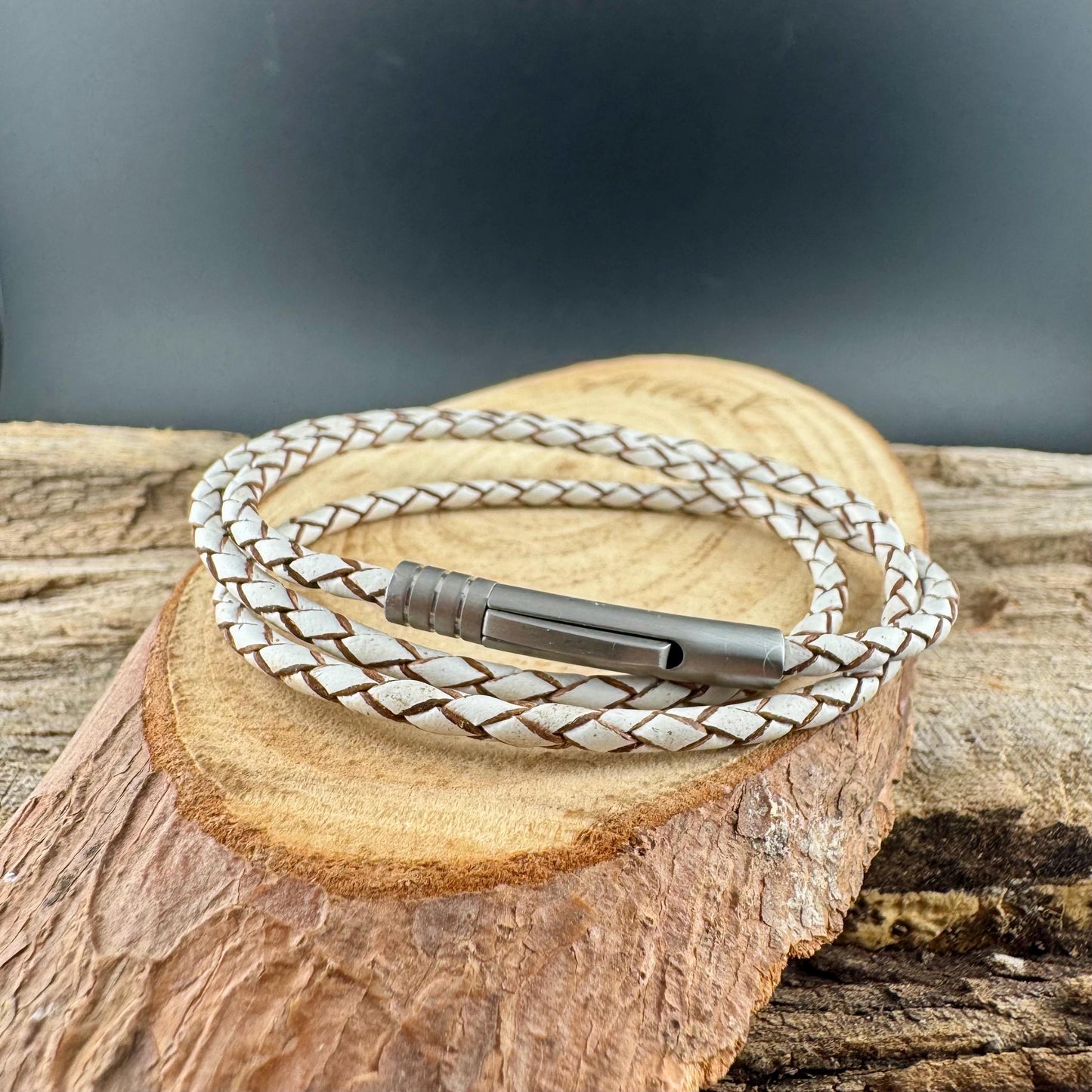 Genuine White Leather Braided Multi Wrap Bracelet - Unisex Gift with Bayonet Closure
