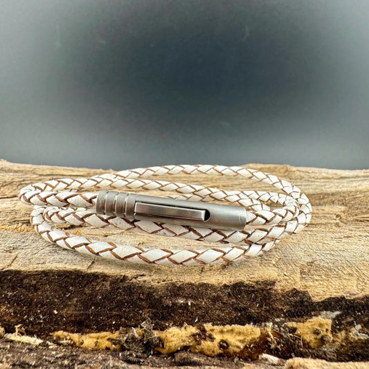 Genuine White Leather Braided Multi Wrap Bracelet - Unisex Gift with Bayonet Closure