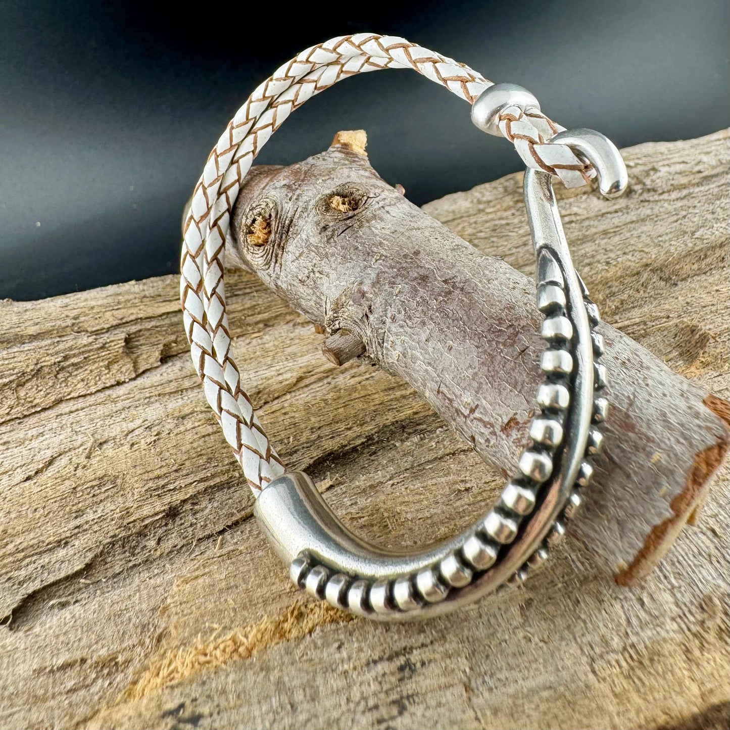 Rustic Braided Leather Wrap Bracelet with Silver Cuff – Brown, Black & White Options