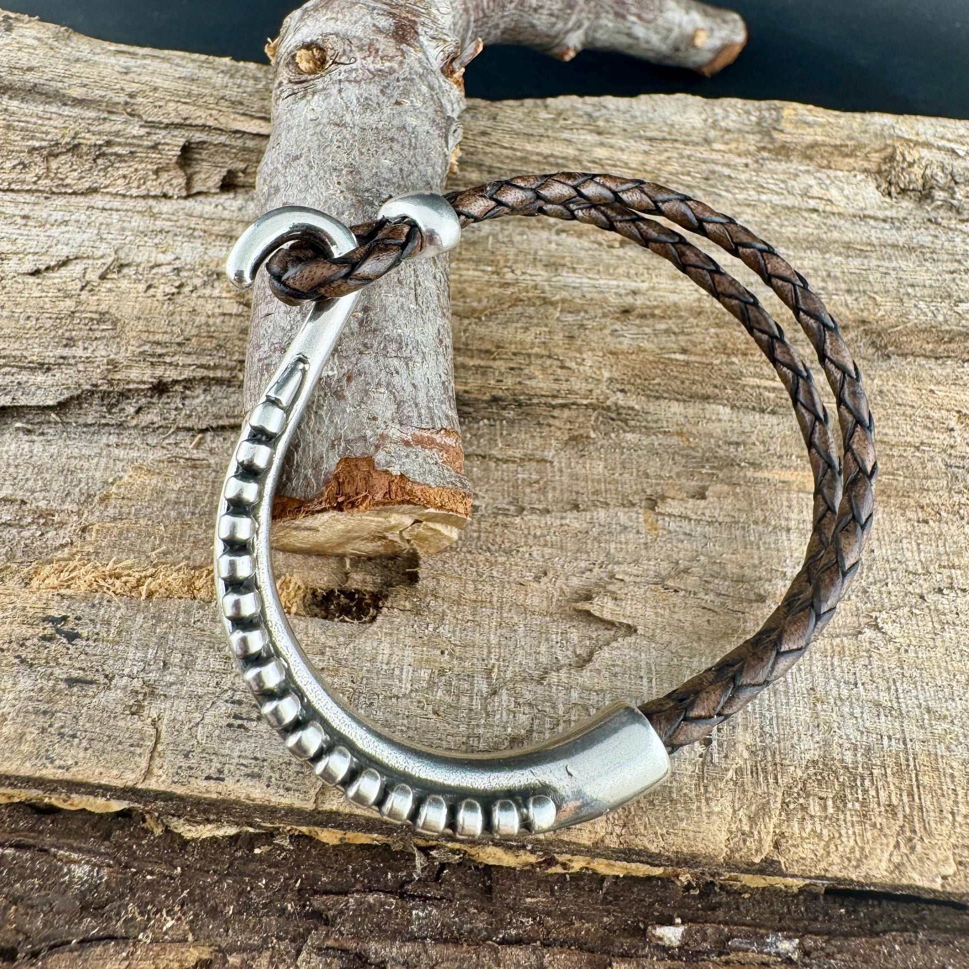 Rustic Braided Leather Wrap Bracelet with Silver Cuff – Brown, Black & White Options
