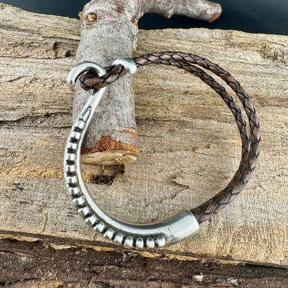 Rustic Braided Leather Wrap Bracelet with Silver Cuff – Brown, Black & White Options