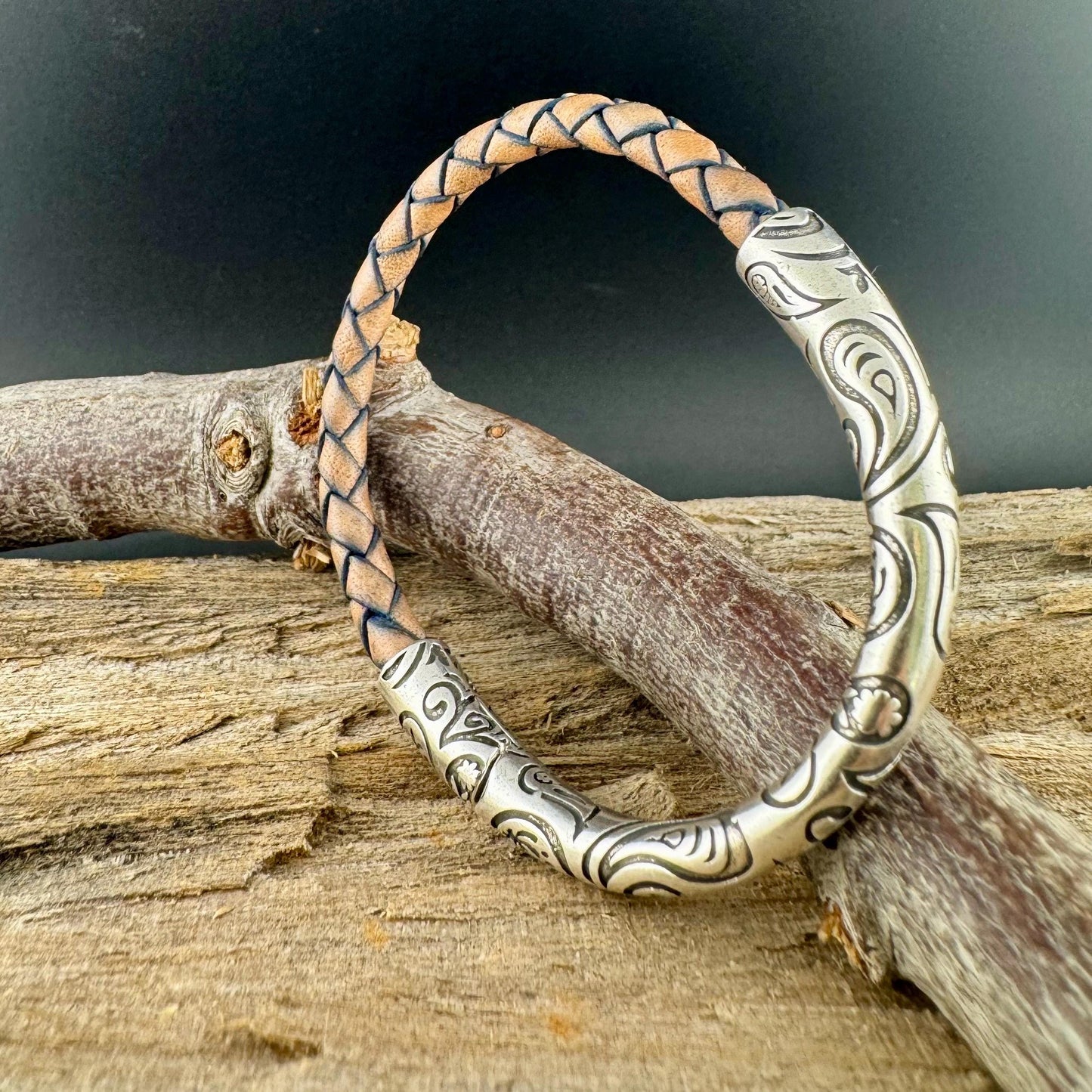 Braided Leather Wrap Bracelet - Antique Silver Paisley Half Cuff in Multiple Colors