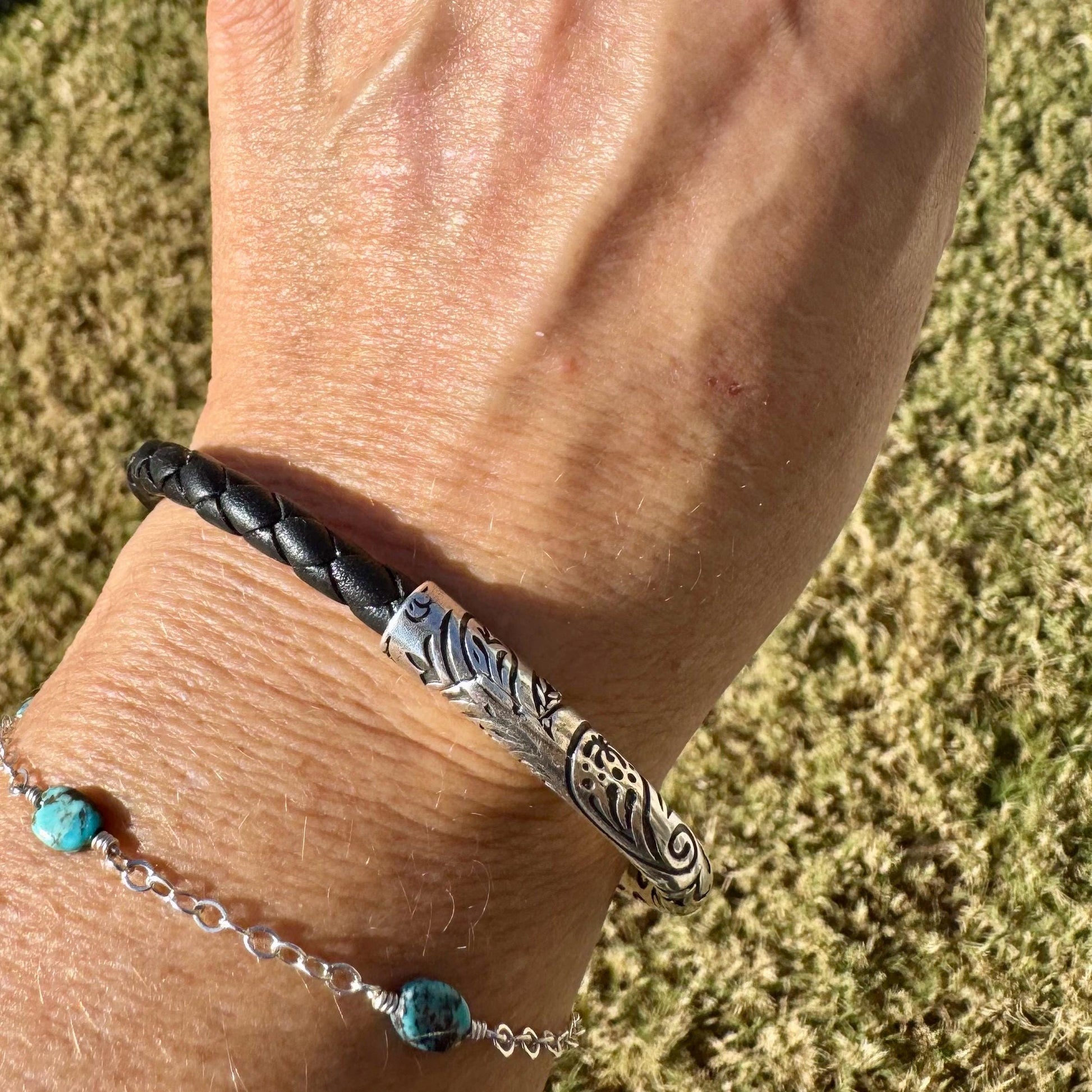 Braided Leather Wrap Bracelet - Antique Silver Paisley Half Cuff in Multiple Colors