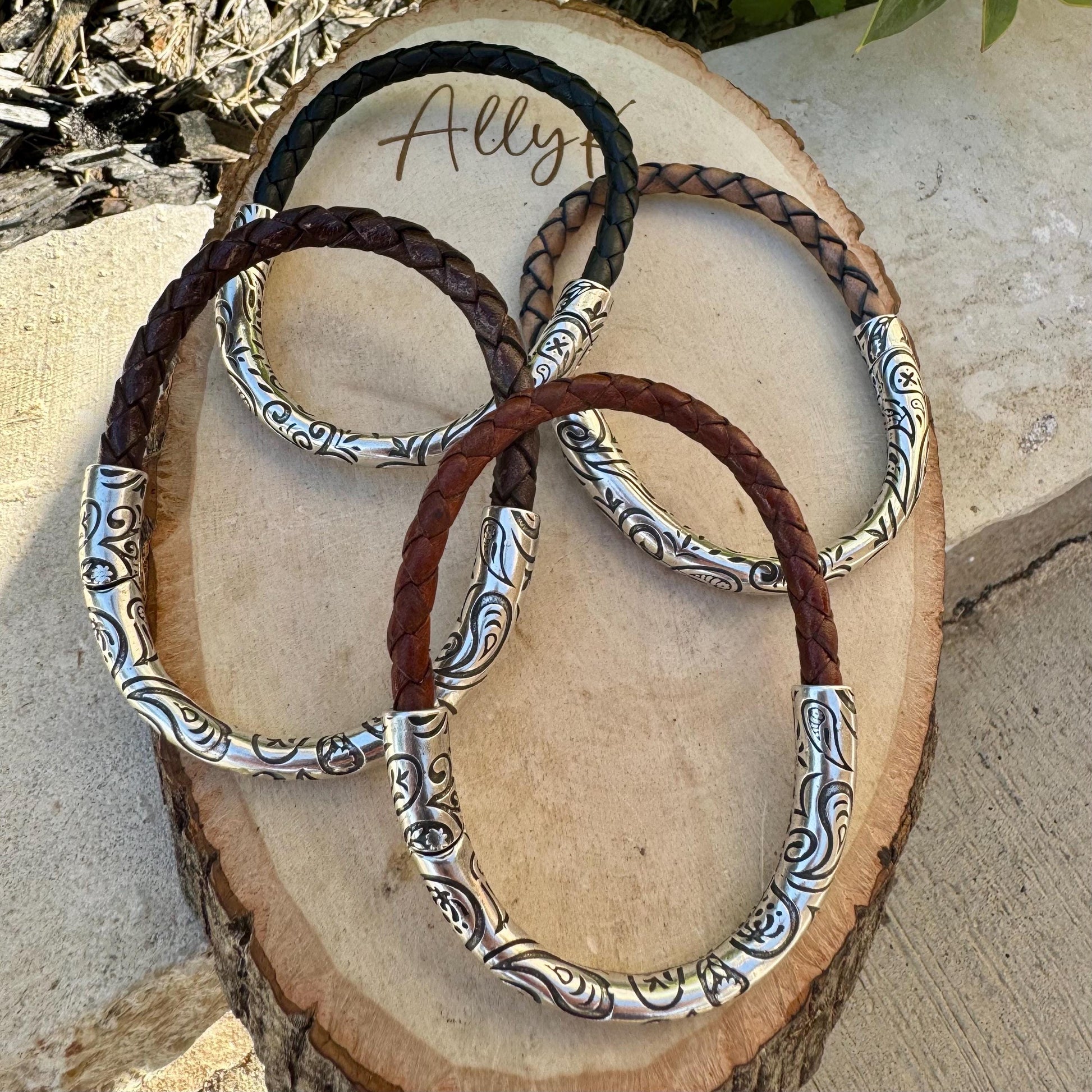 Braided Leather Wrap Bracelet - Antique Silver Paisley Half Cuff in Multiple Colors