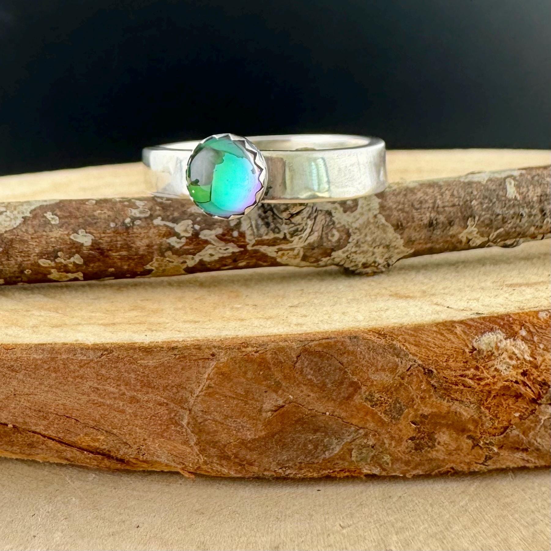 Sterling Silver Galazio Blue Topaz Band Ring - Hammered or Smooth Finish