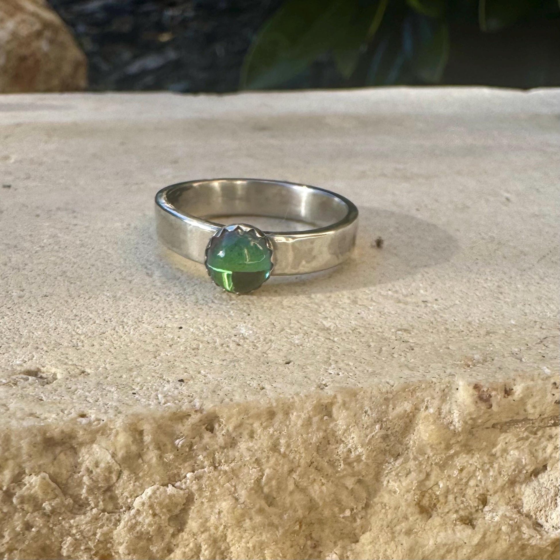 Sterling Silver Galazio Blue Topaz Band Ring - Hammered or Smooth Finish