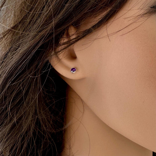 Handcrafted Serrated Bezel Amethyst Sud Post Earrings: 4mm