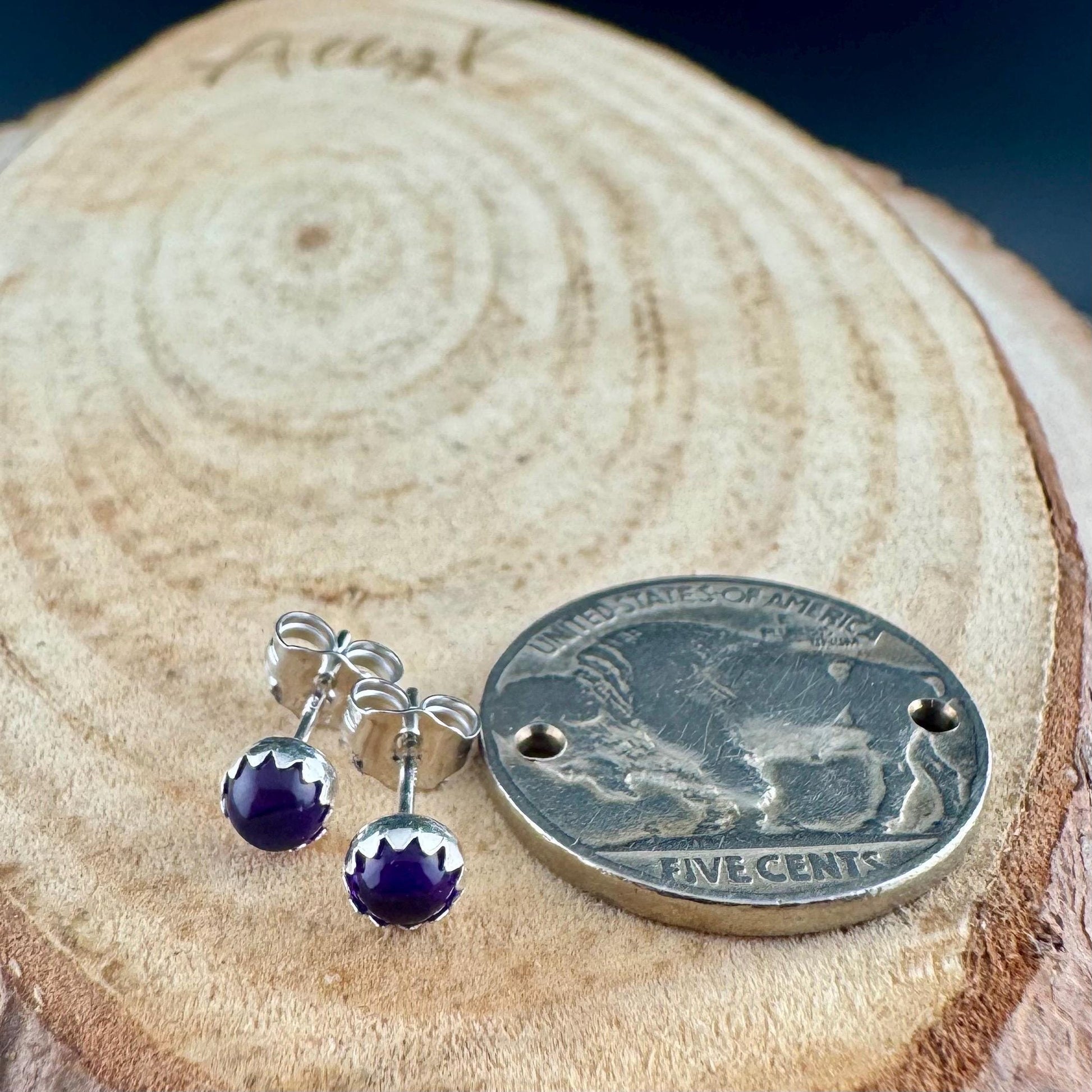 Handcrafted Serrated Bezel Amethyst Sud Post Earrings: 4mm