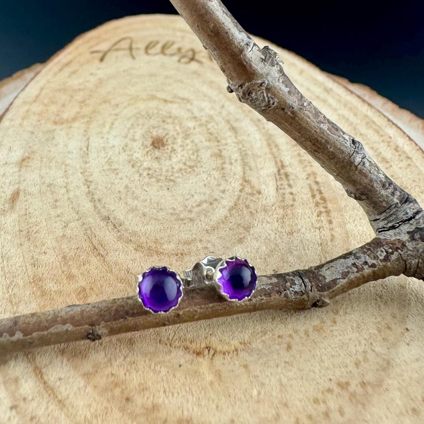 Handcrafted Serrated Bezel Amethyst Sud Post Earrings: 4mm
