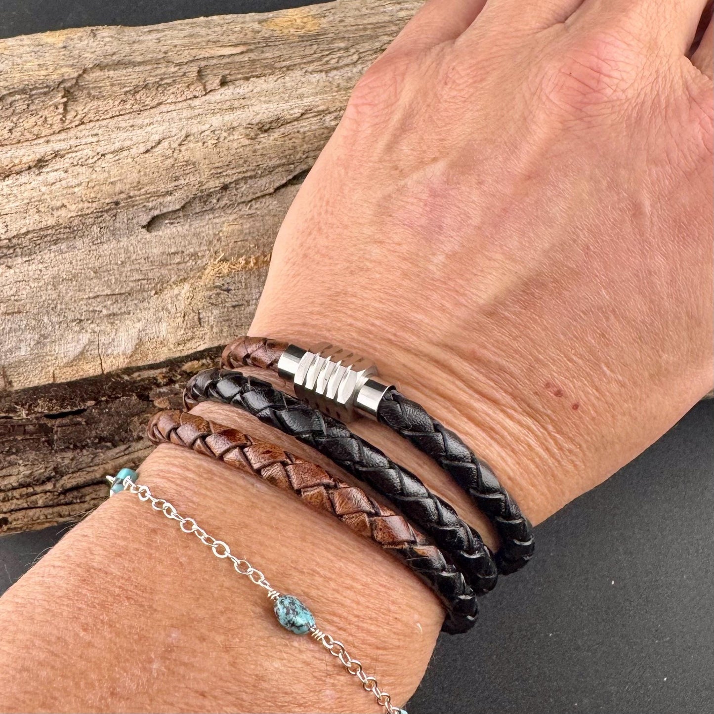 Braided Leather Multi Wrap Bracelet for Men or Women: Stainless Steel Magnetic Clasp