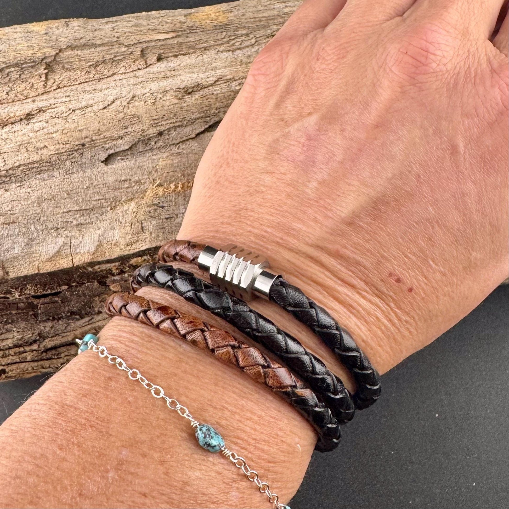 Braided Leather Multi Wrap Bracelet for Men or Women: Stainless Steel Magnetic Clasp