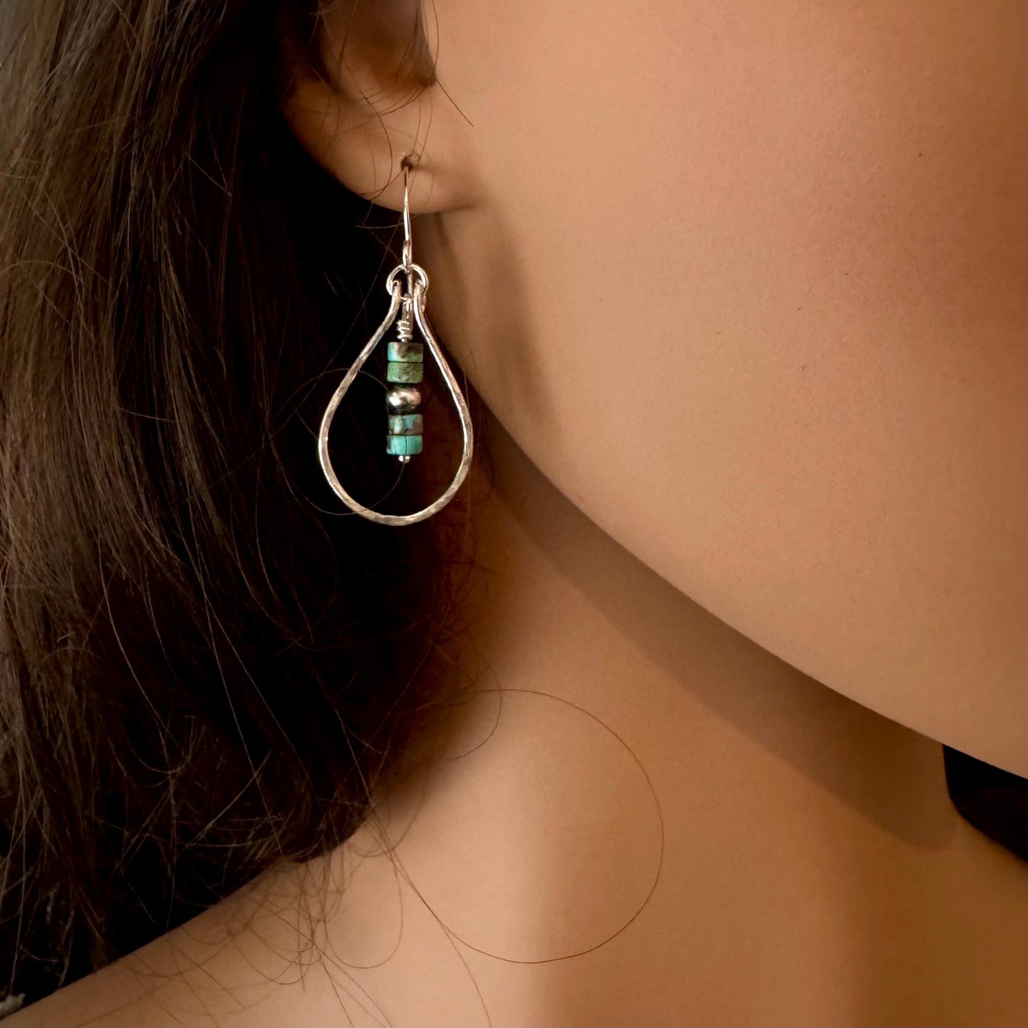 Turquoise Navajo Pearl Teardrop Earrings, Sterling Silver Dangle Teardrop Style