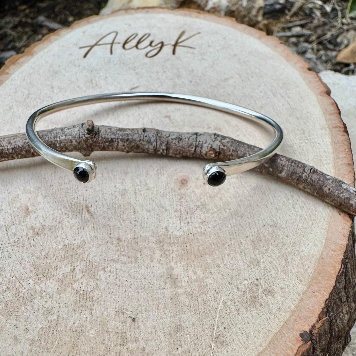 Dainty Sterling Silver Black Onyx Cuff Bracelet - 4mm Double Bezel Reverse Design