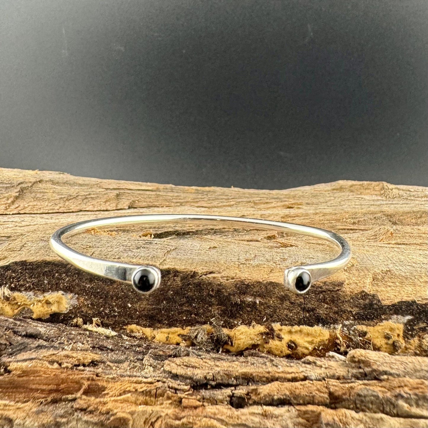 Dainty Sterling Silver Black Onyx Cuff Bracelet - 4mm Double Bezel Reverse Design