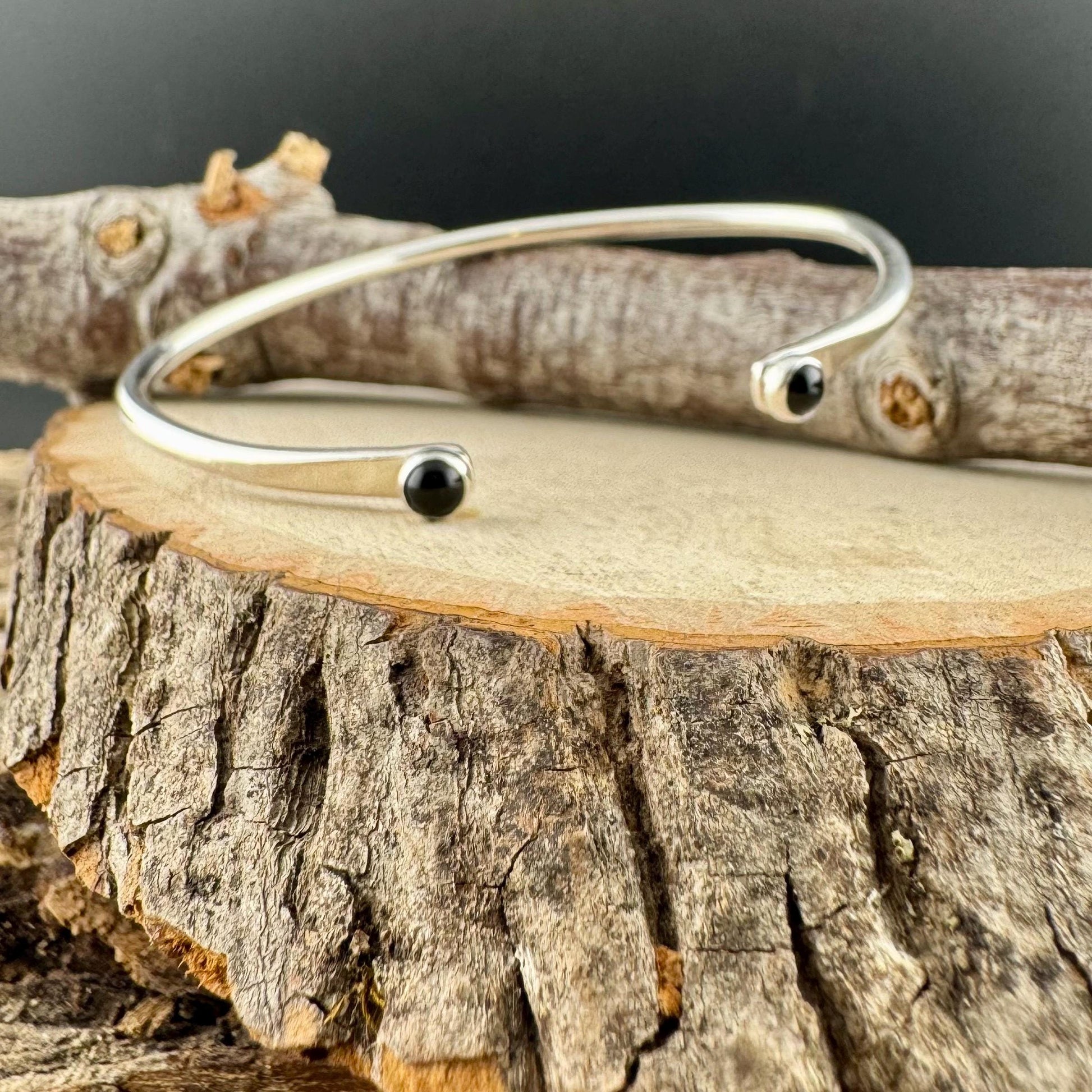 Dainty Sterling Silver Black Onyx Cuff Bracelet - 4mm Double Bezel Reverse Design