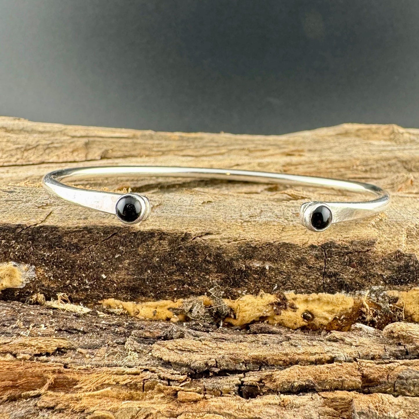 Dainty Sterling Silver Black Onyx Cuff Bracelet - 4mm Double Bezel Reverse Design