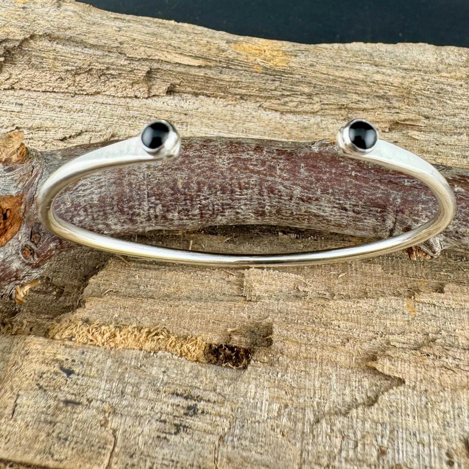 Dainty Sterling Silver Black Onyx Cuff Bracelet - 4mm Double Bezel Reverse Design