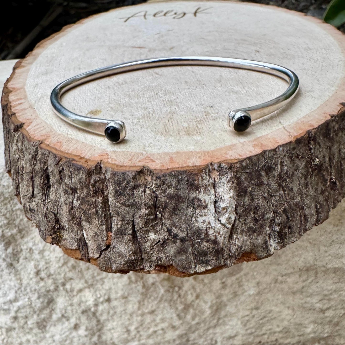 Dainty Sterling Silver Black Onyx Cuff Bracelet - 4mm Double Bezel Reverse Design