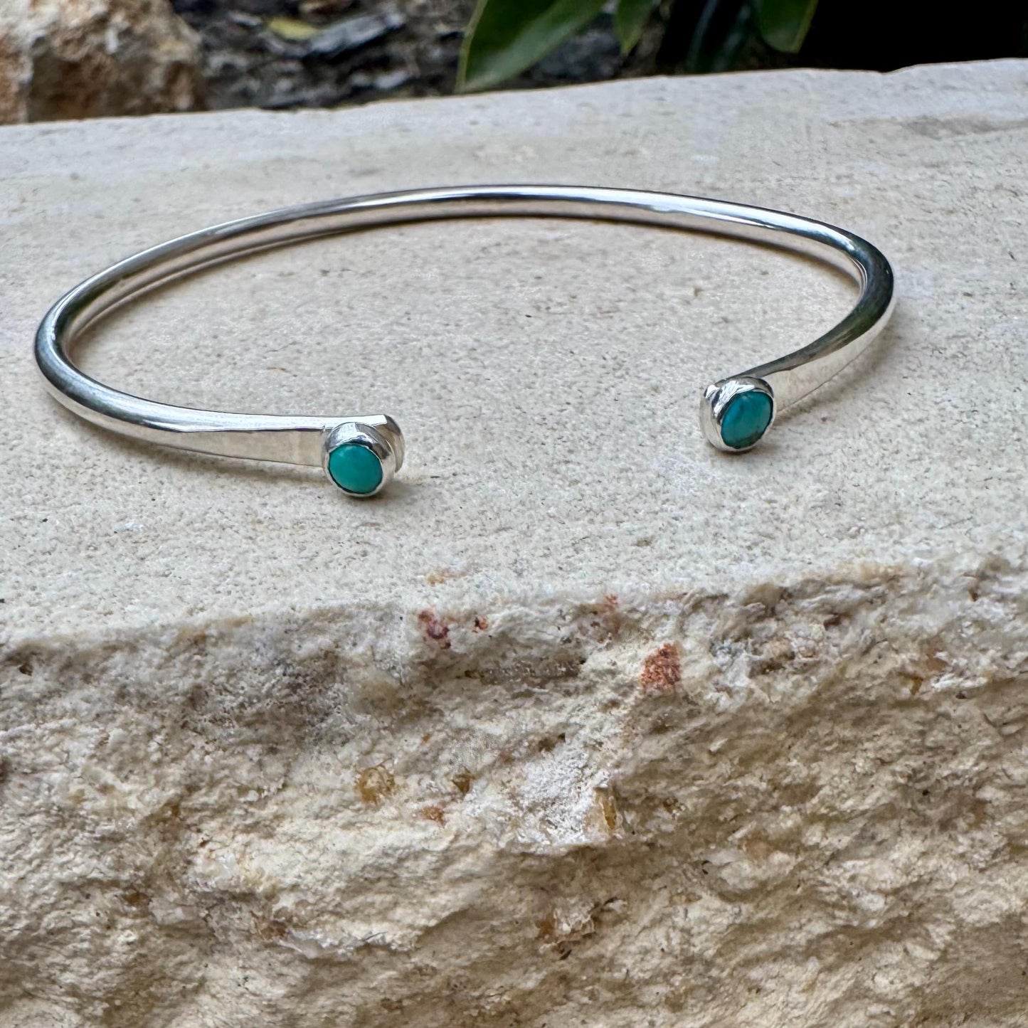 Dainty Sterling Silver Turquoise Cuff Bracelet - 4mm Kingman Double Bezel Reverse Design