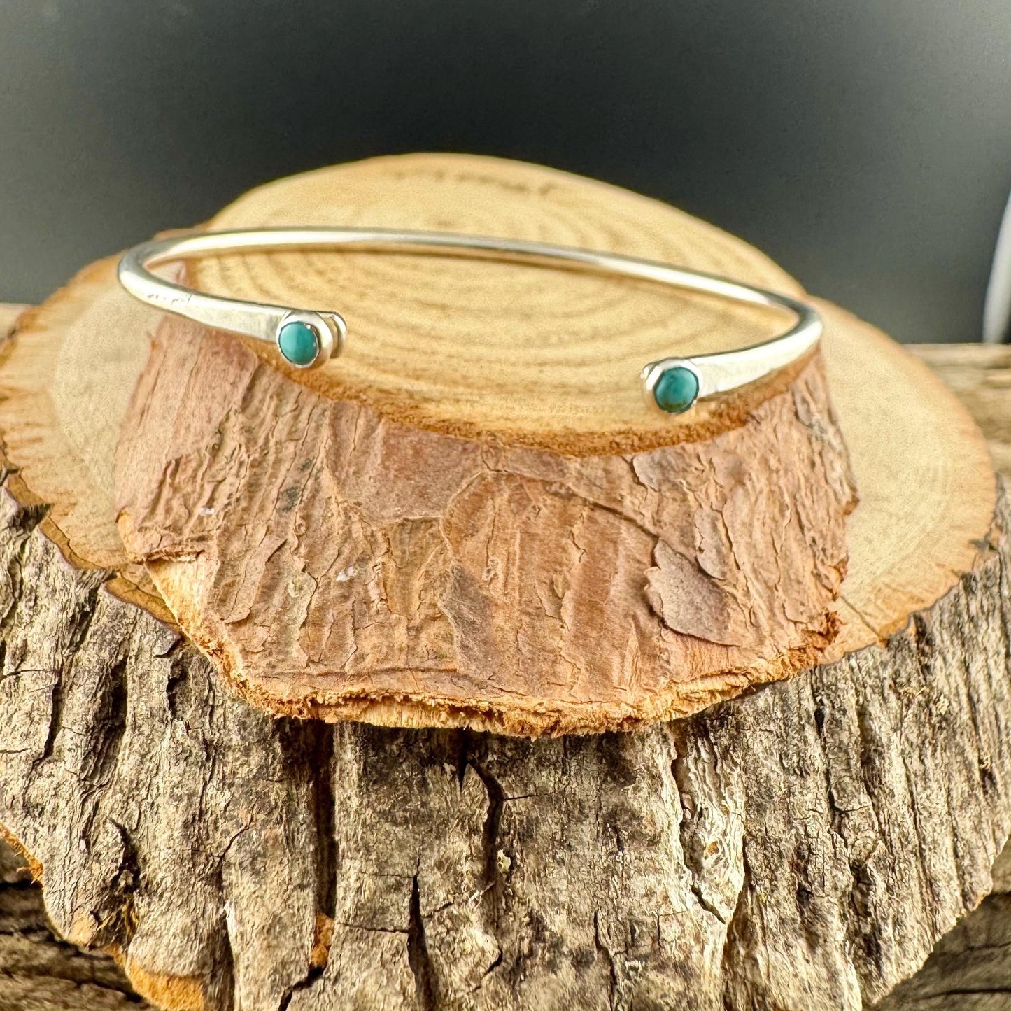 Dainty Sterling Silver Turquoise Cuff Bracelet - 4mm Kingman Double Bezel Reverse Design