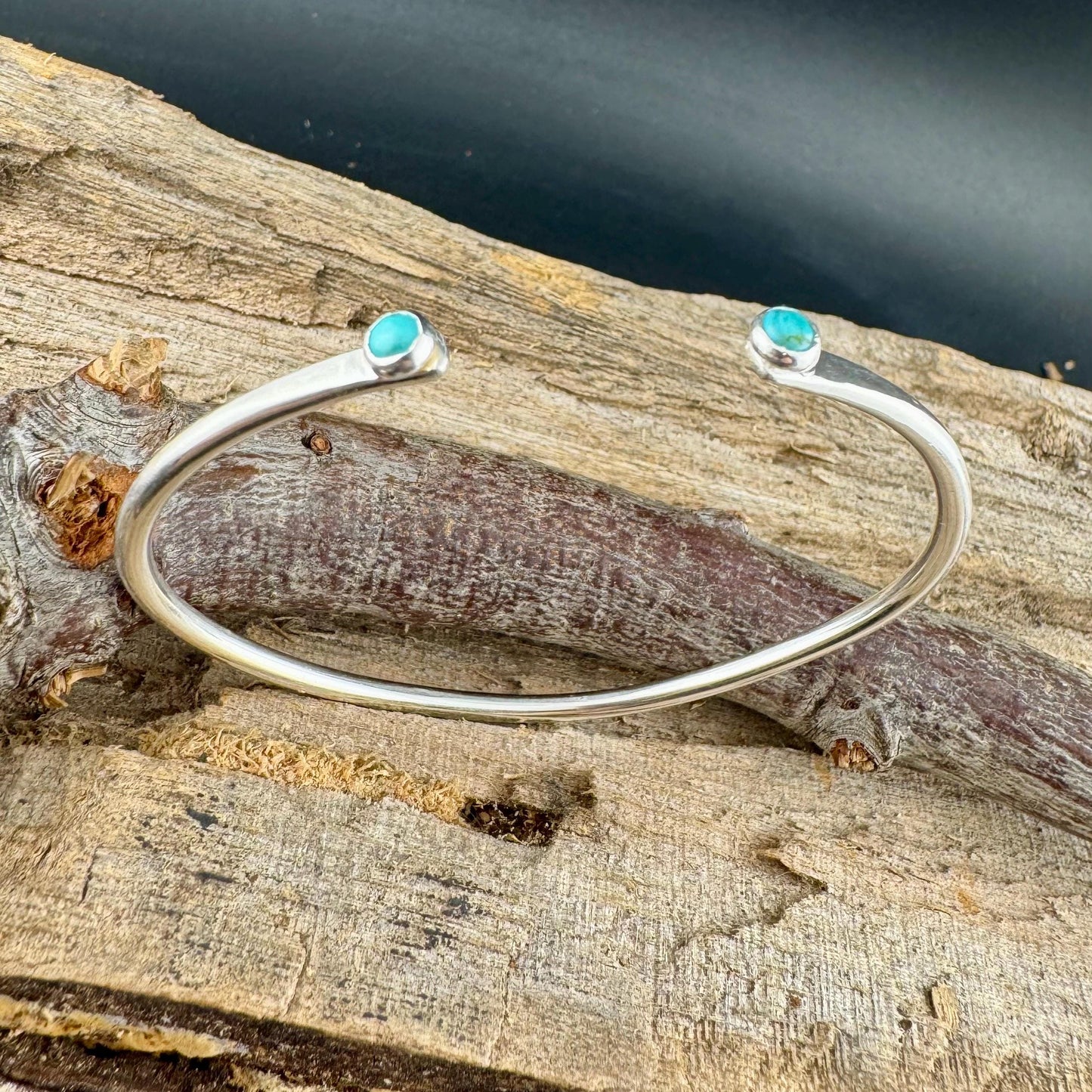 Dainty Sterling Silver Turquoise Cuff Bracelet - 4mm Kingman Double Bezel Reverse Design