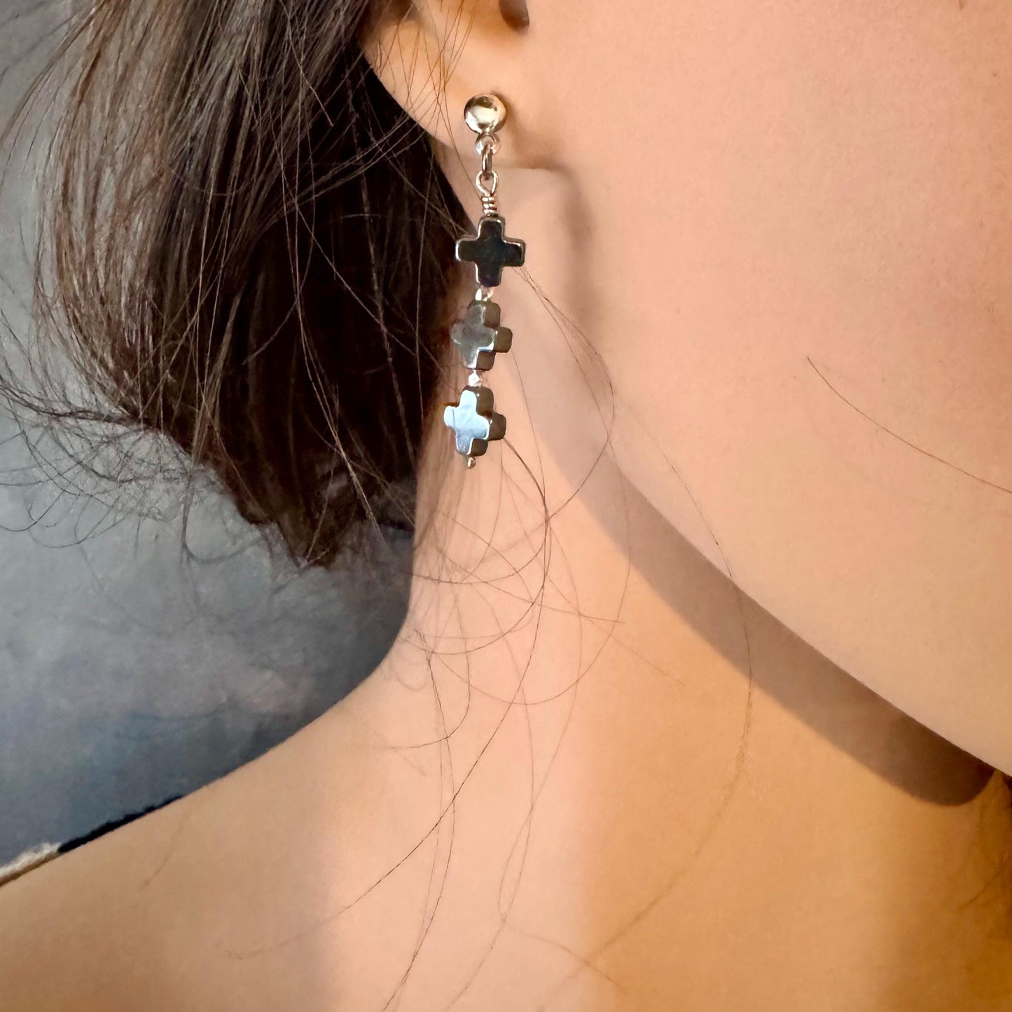 Elegant Three Cross Hematite Post Earrings | Sterling Silver Dome Studs