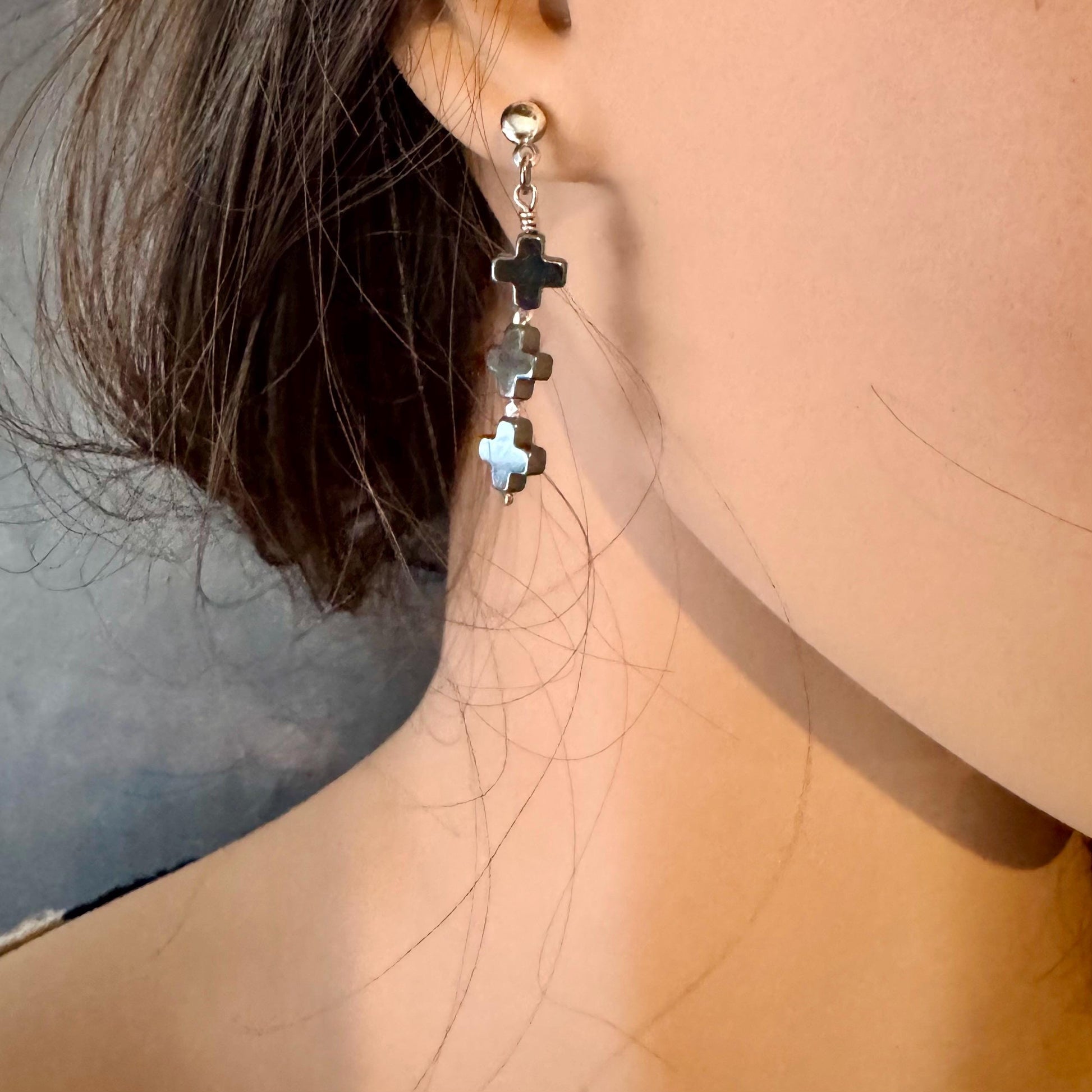 Elegant Three Cross Hematite Post Earrings | Sterling Silver Dome Studs