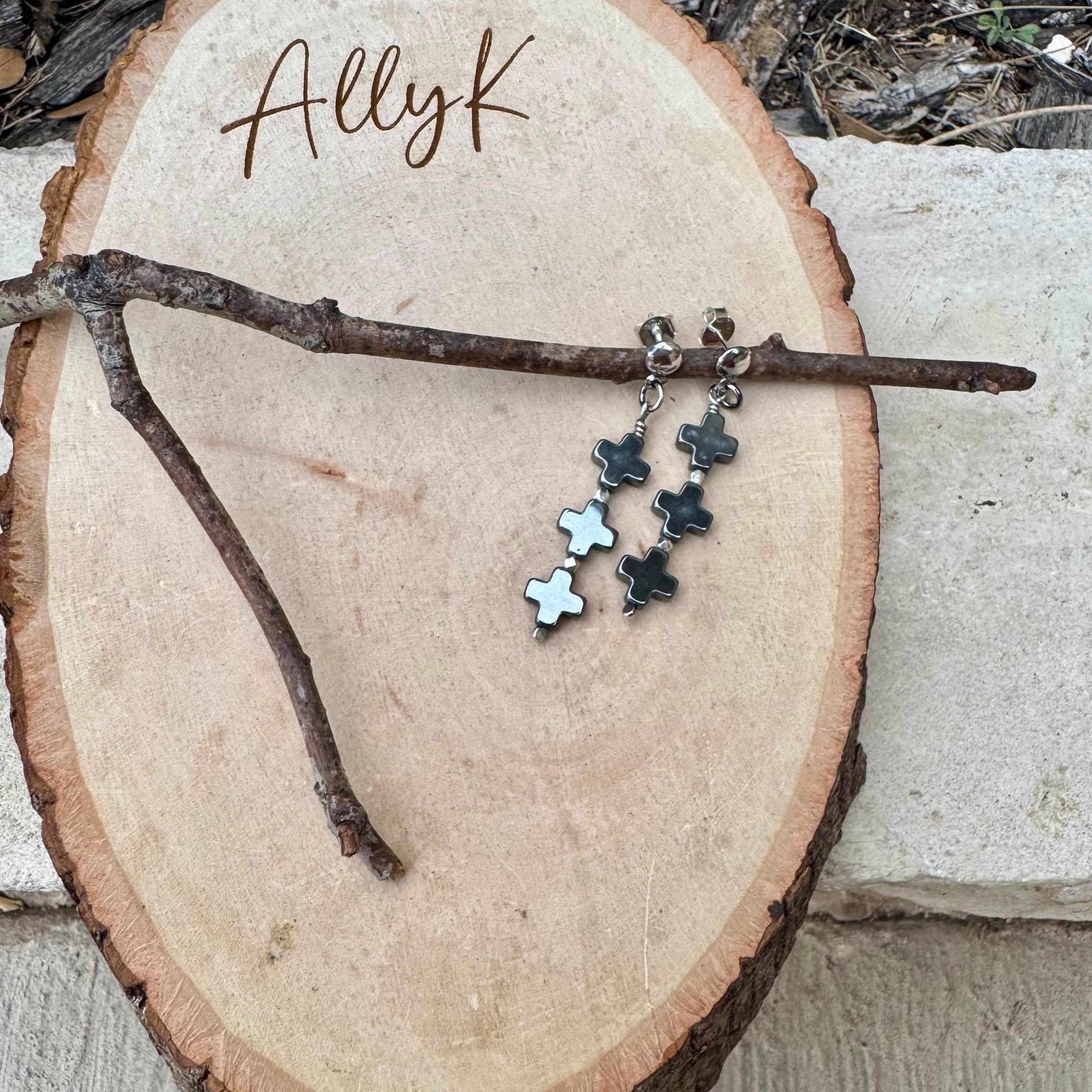 Elegant Three Cross Hematite Post Earrings | Sterling Silver Dome Studs
