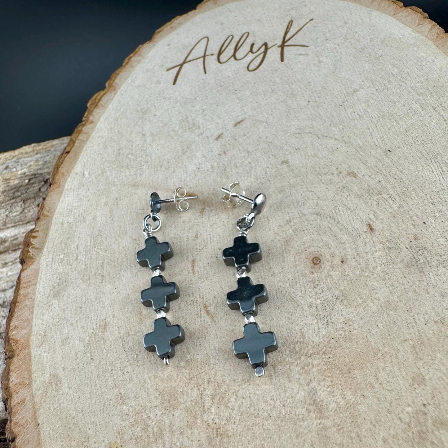Elegant Three Cross Hematite Post Earrings | Sterling Silver Dome Studs