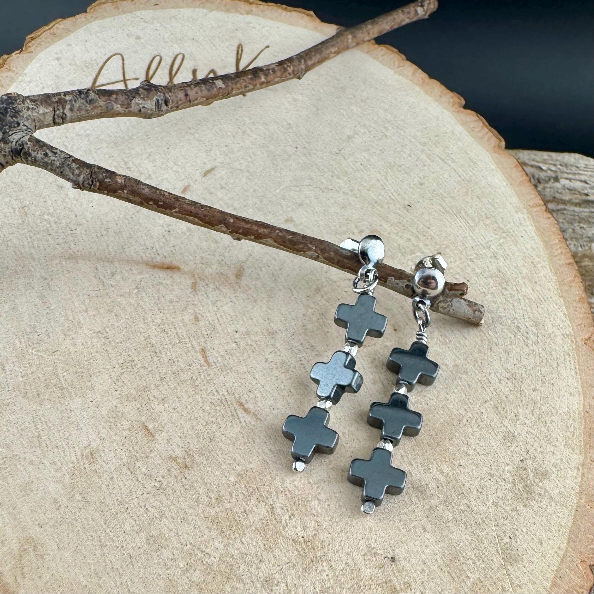 Elegant Three Cross Hematite Post Earrings | Sterling Silver Dome Studs